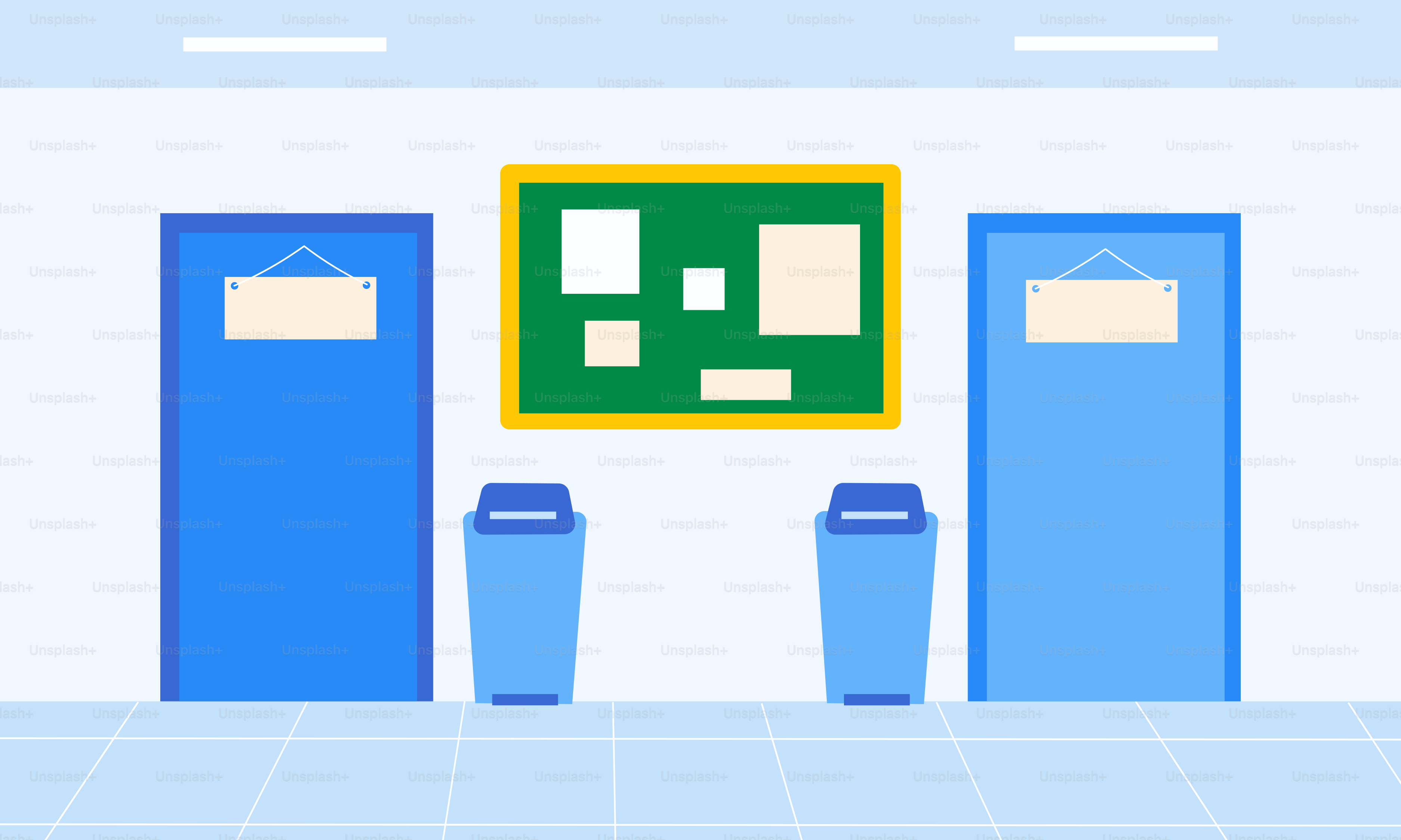 A room with three blue doors and a picture on the wall