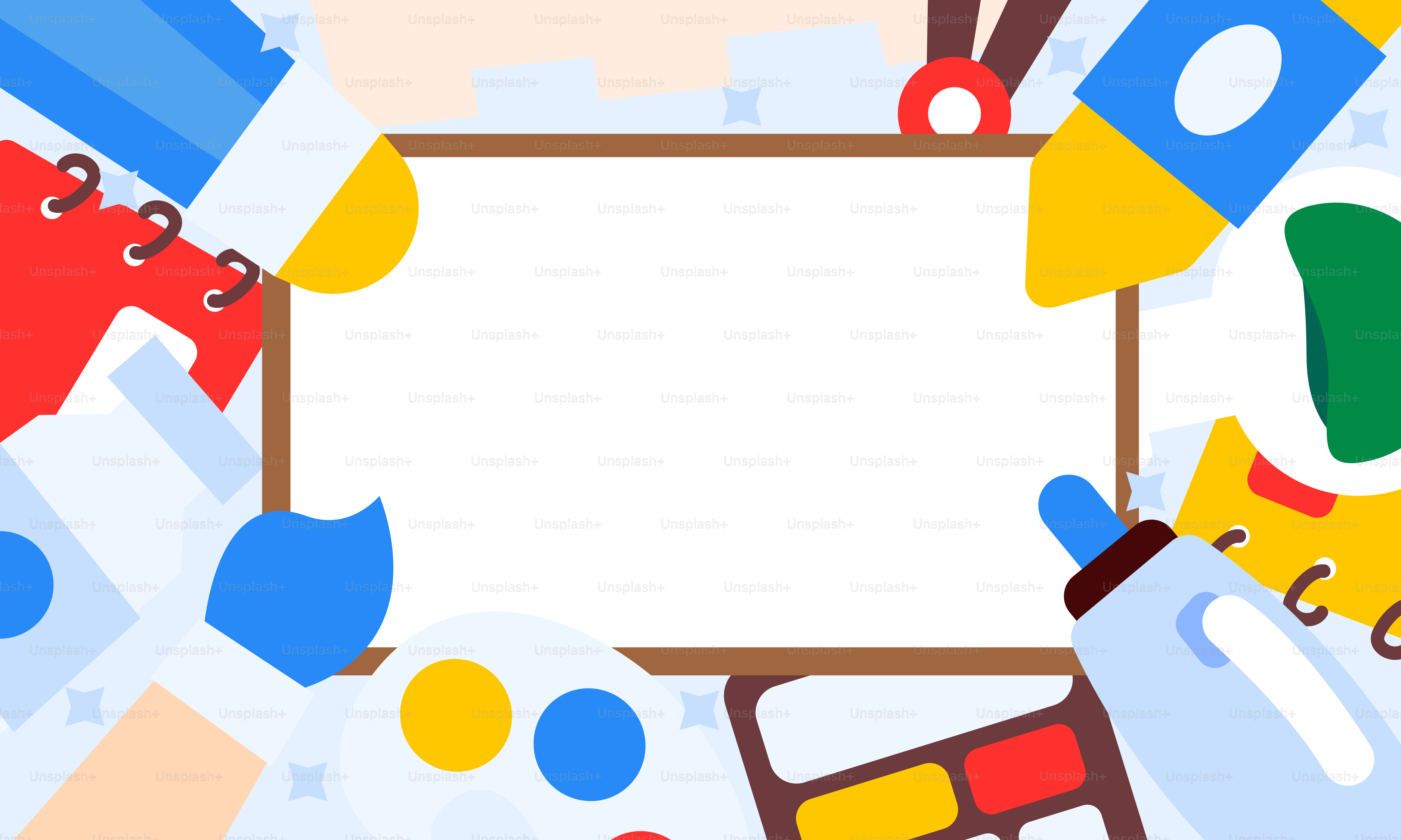 A picture frame surrounded by colorful objects