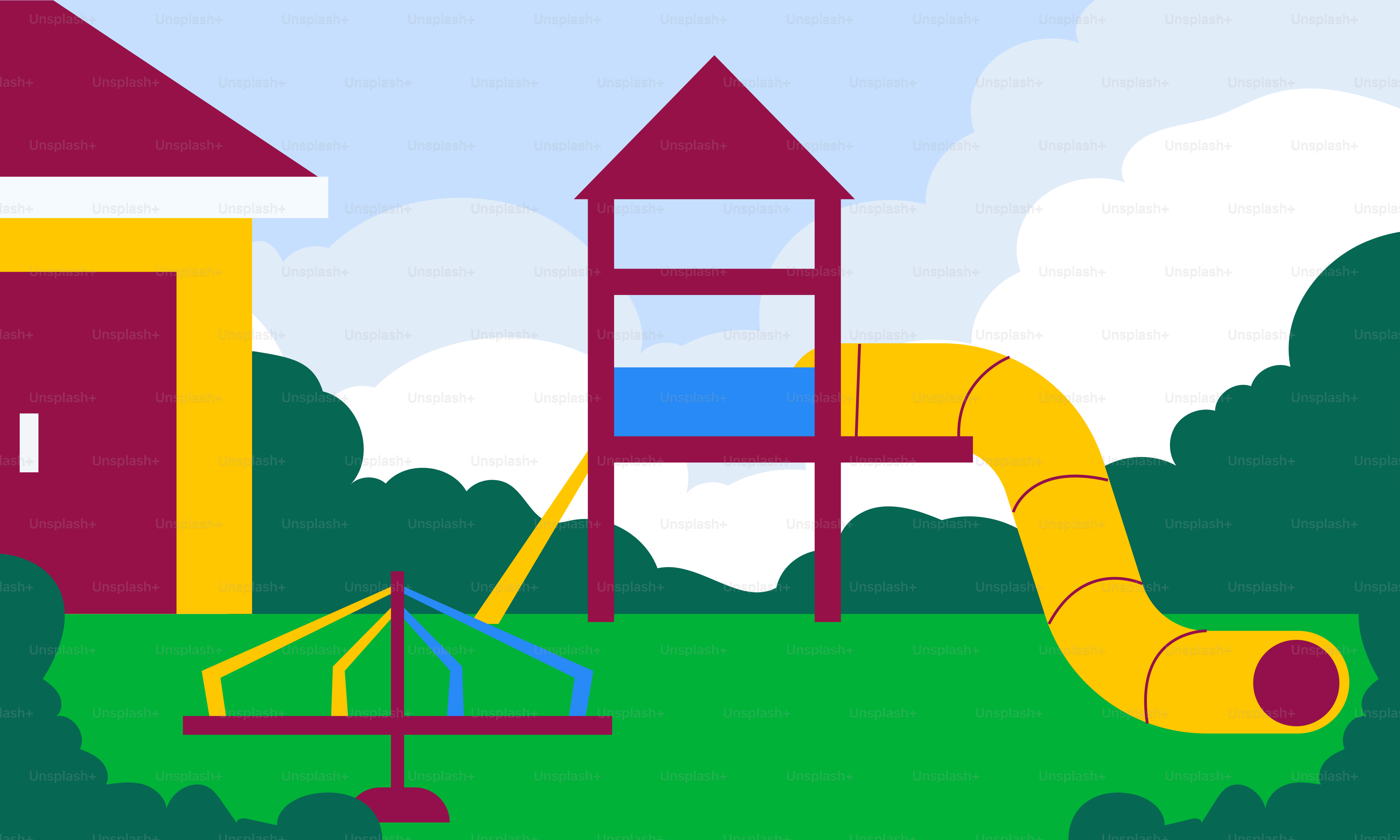 Un parque infantil con un tobogán y un tobogán al fondo