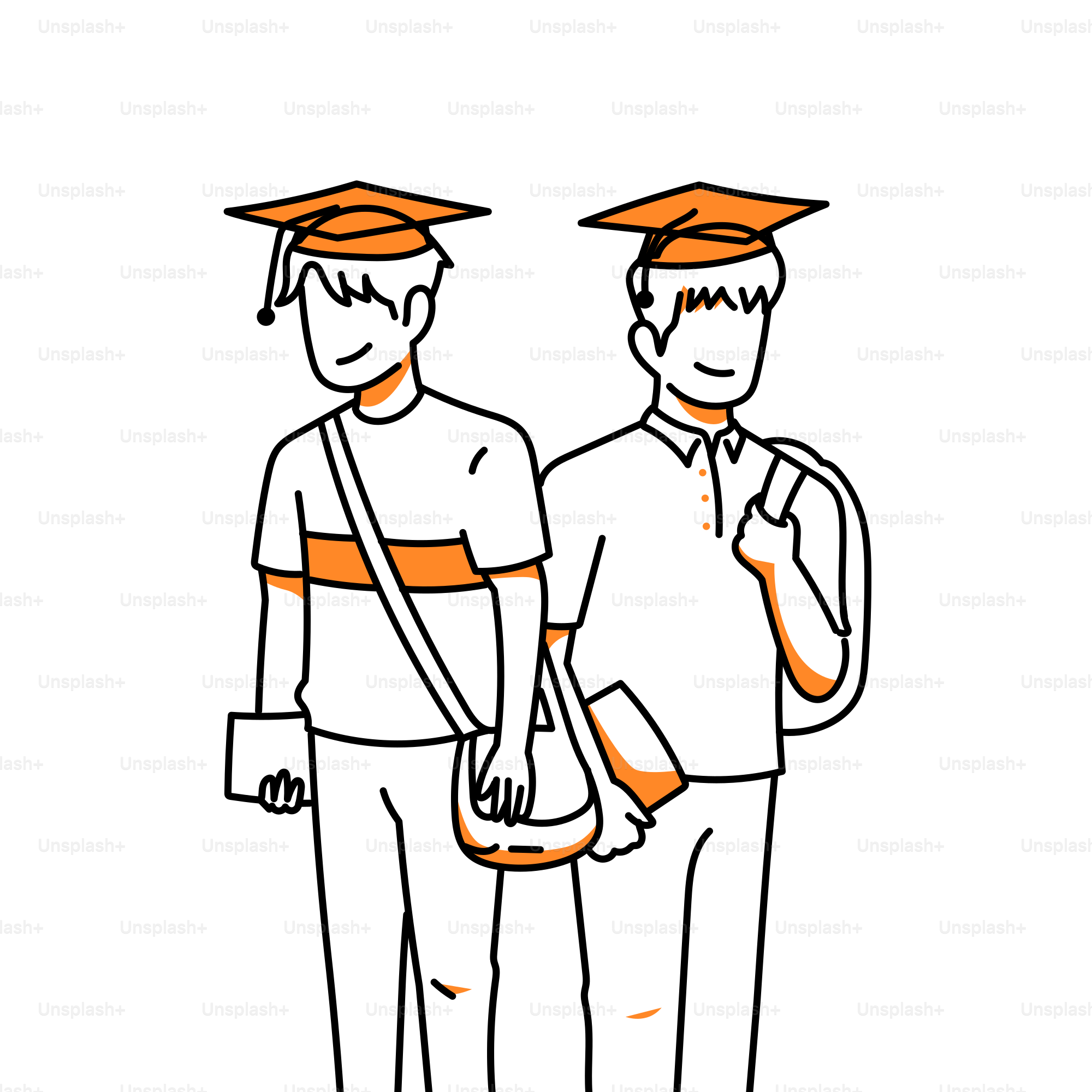 A drawing of two men wearing orange caps