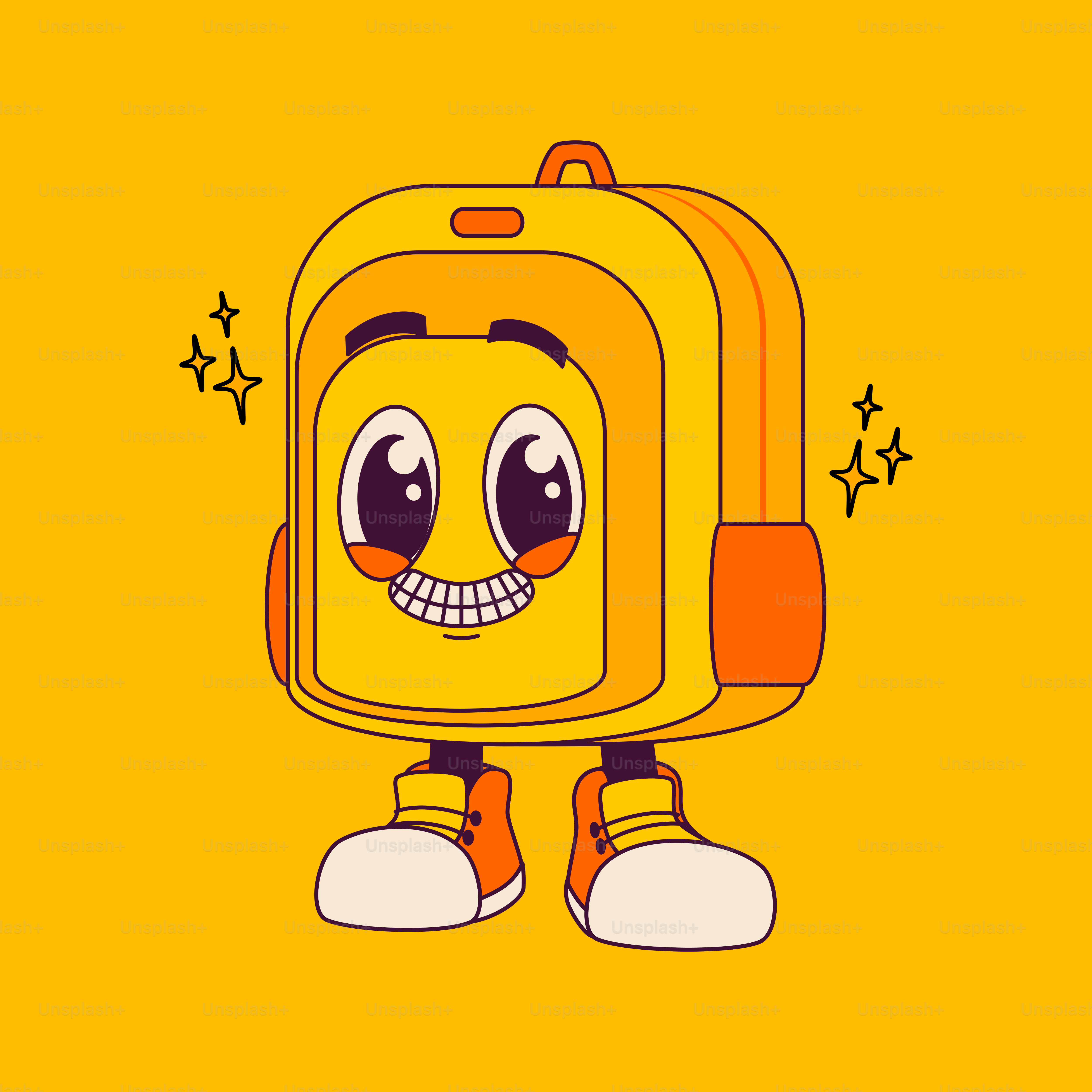 Ransel kuning dengan wajah tersenyum di atasnya