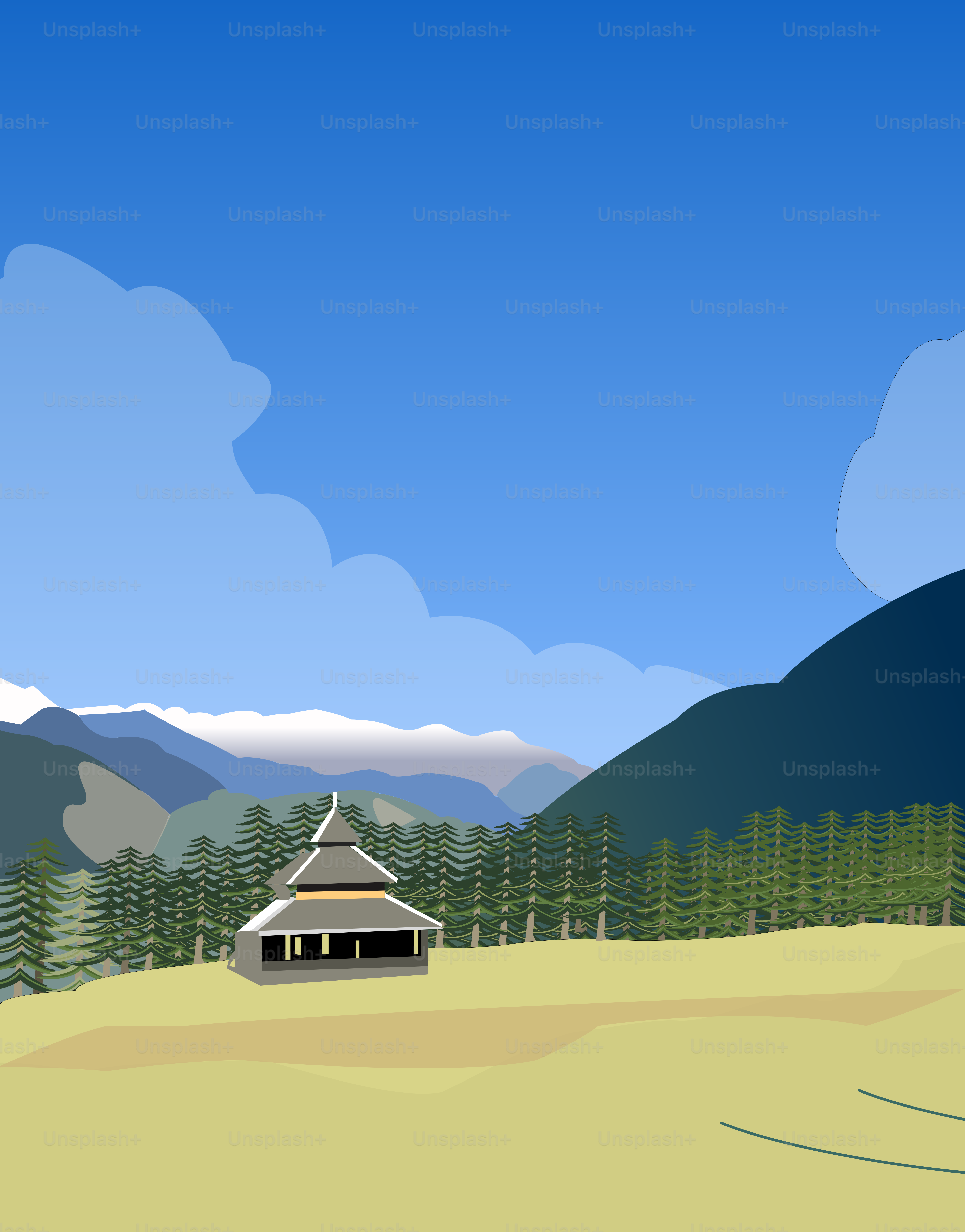 A drawing of a house in the middle of a field