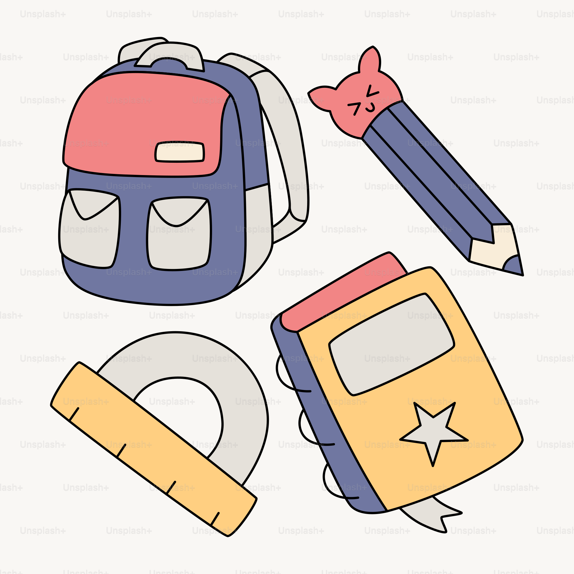 Ein Set Schulmaterialien, darunter Rucksack, Bleistift, Lineal und Radiergummi