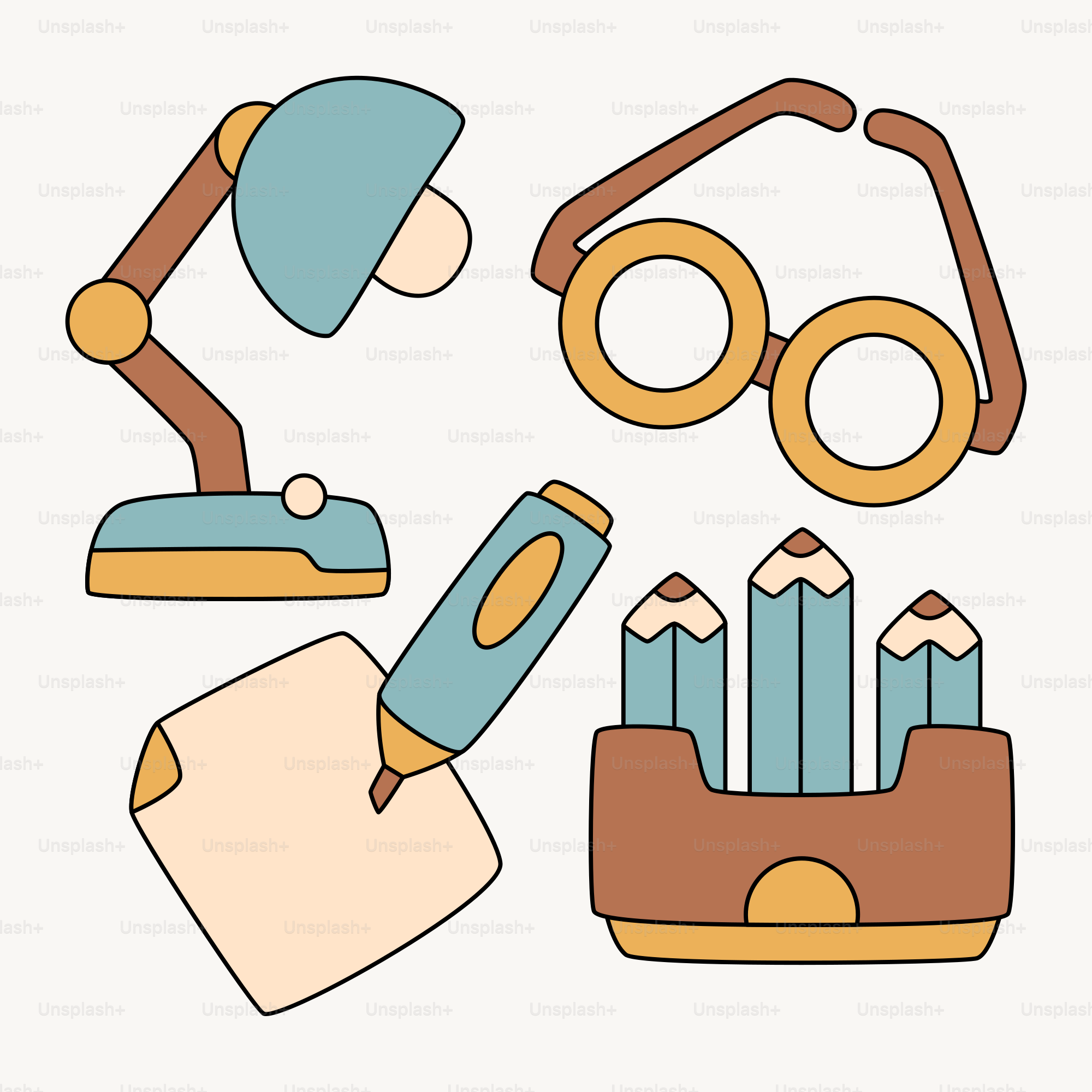 A collection of items that include glasses, a lamp, a pen, and a