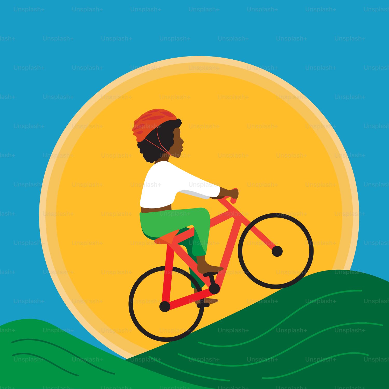 A man riding a bike on top of a green hill