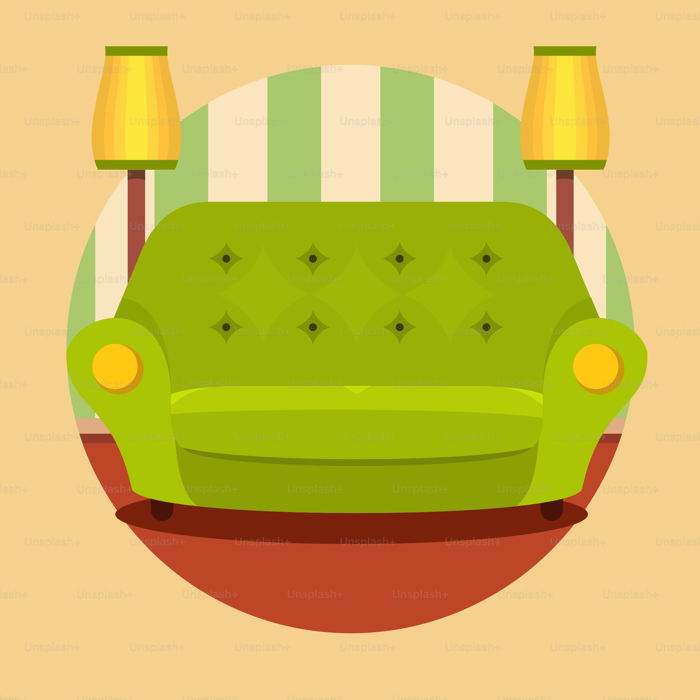 A green couch with two lamps on top of it