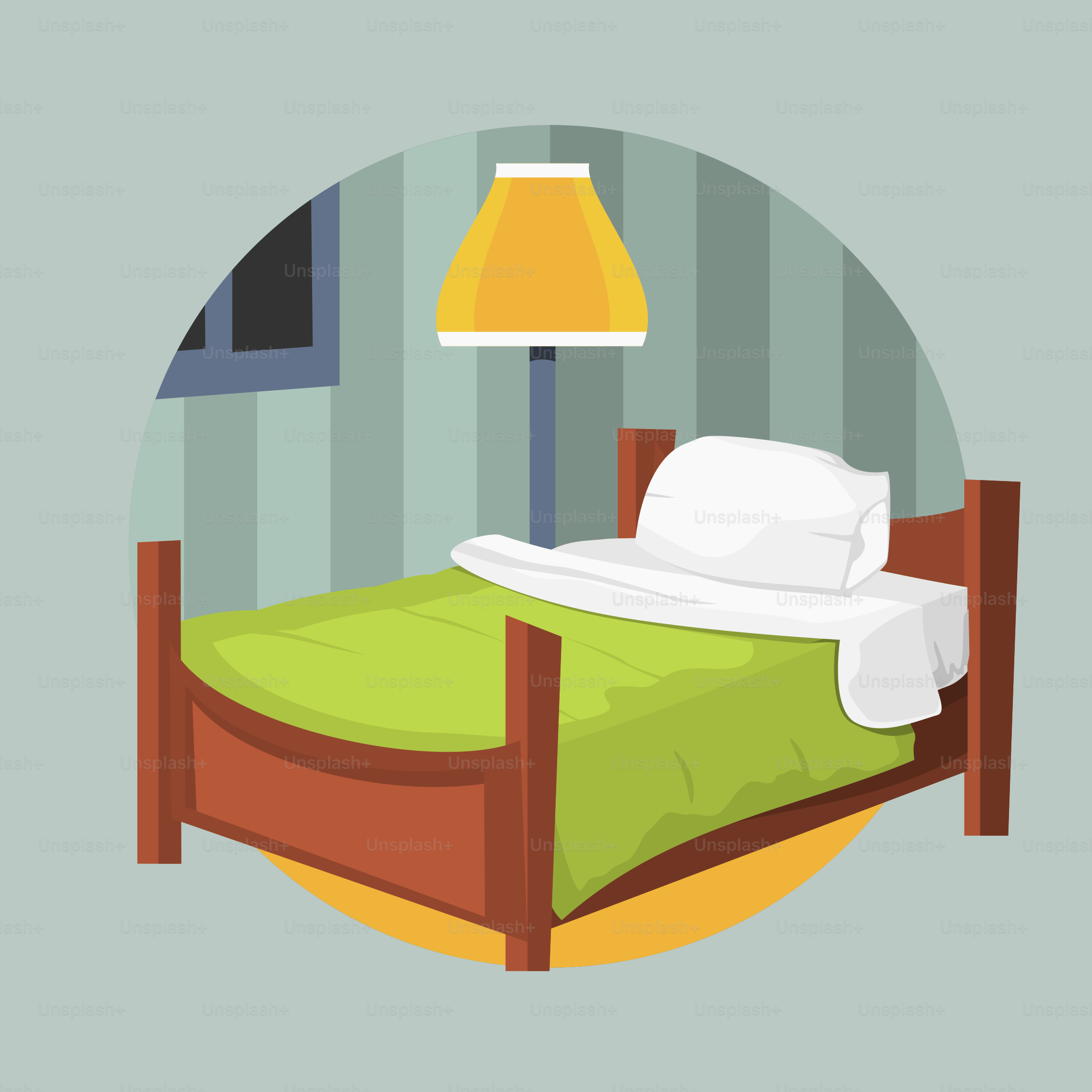 A bed with a green bedspread and a yellow lamp