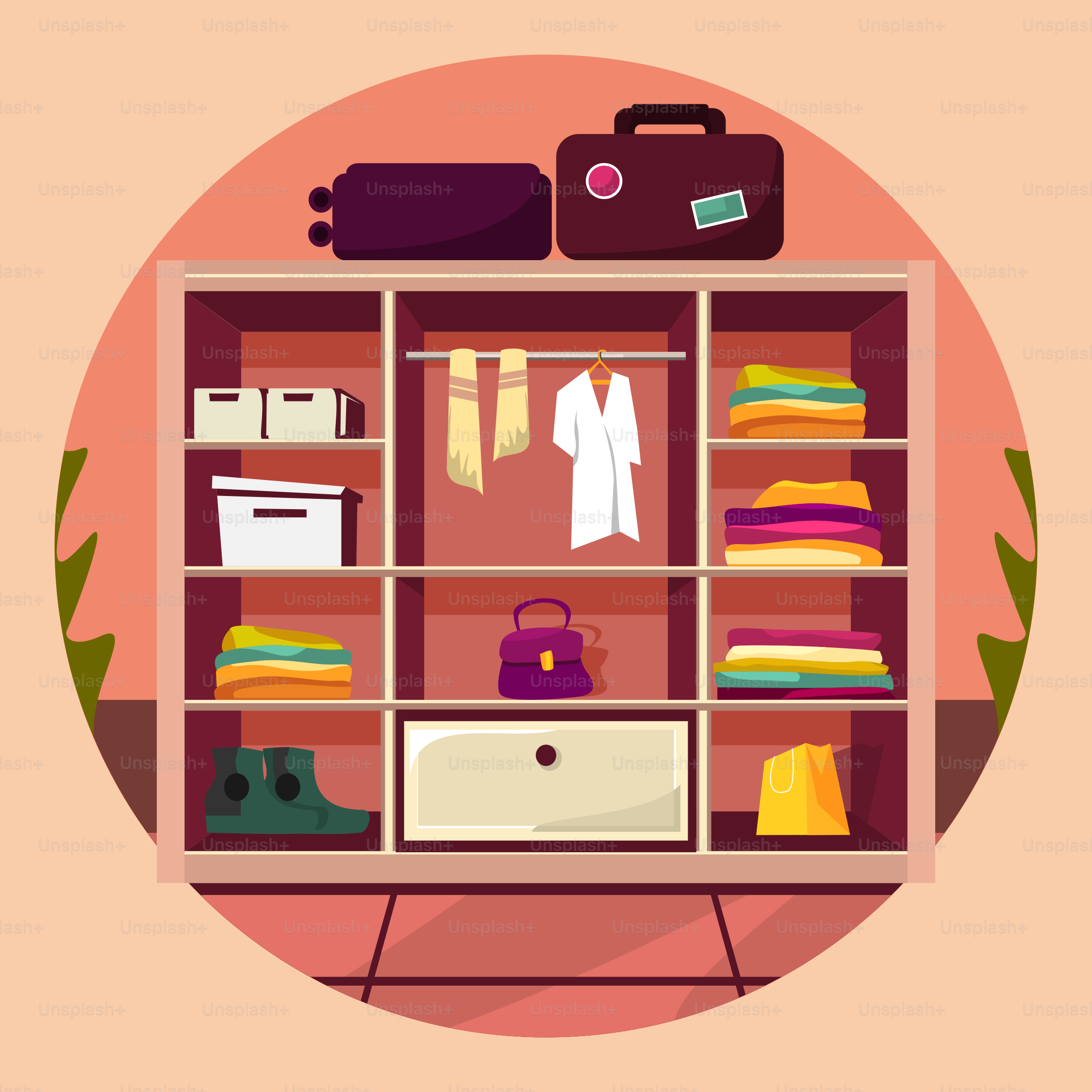 A closet filled with clothes and a suitcase