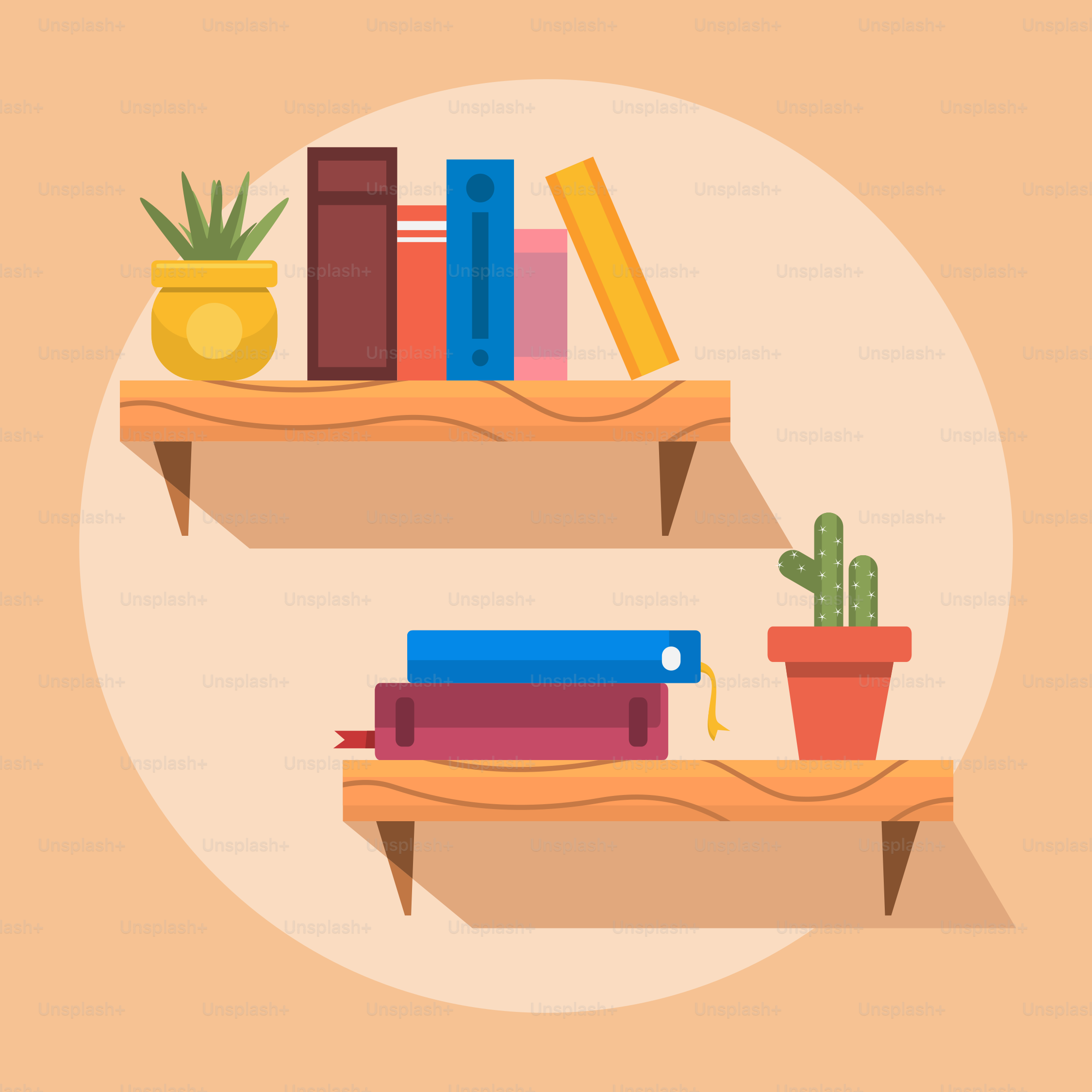 A couple of shelves filled with books and plants