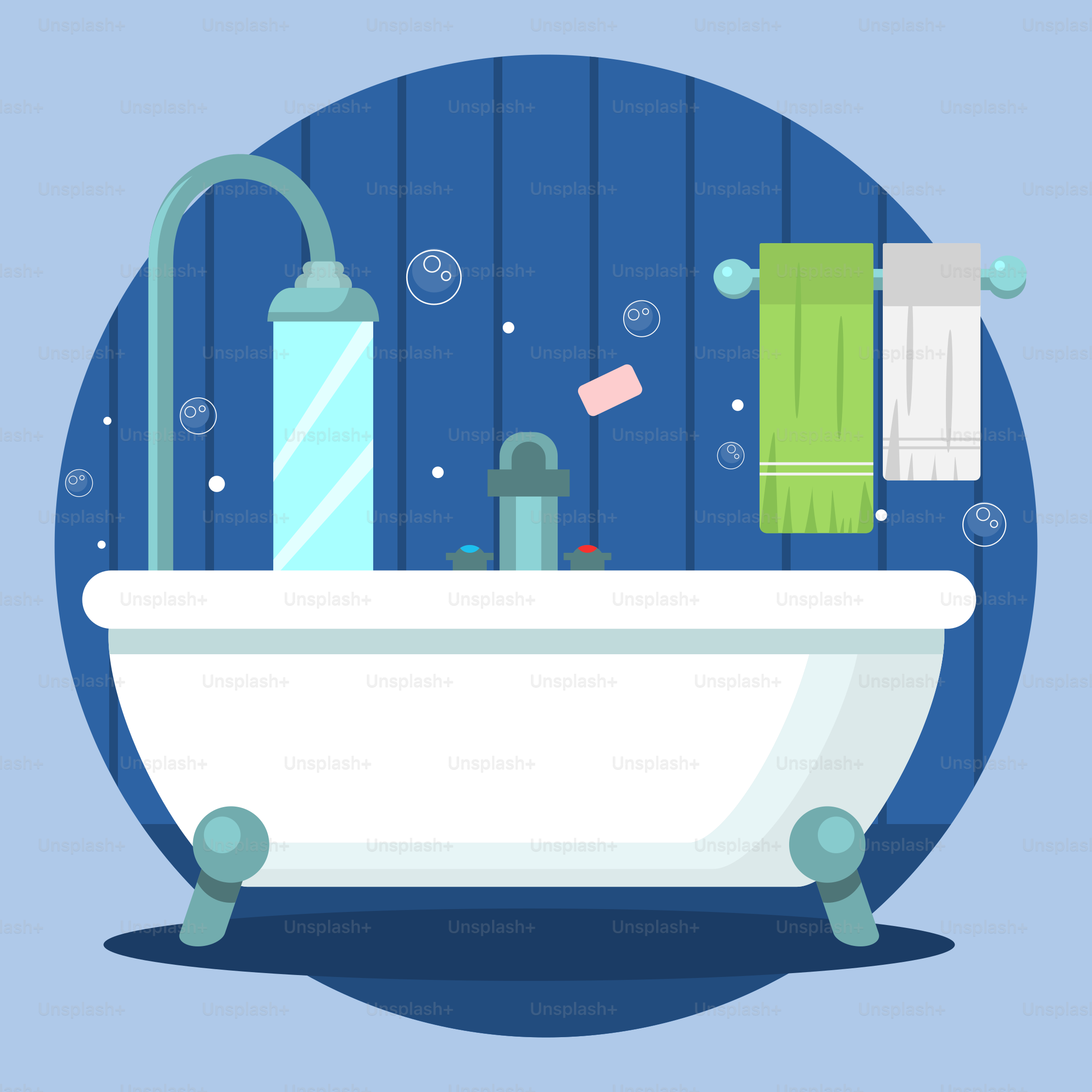 A bathtub with a green towel and a blue background