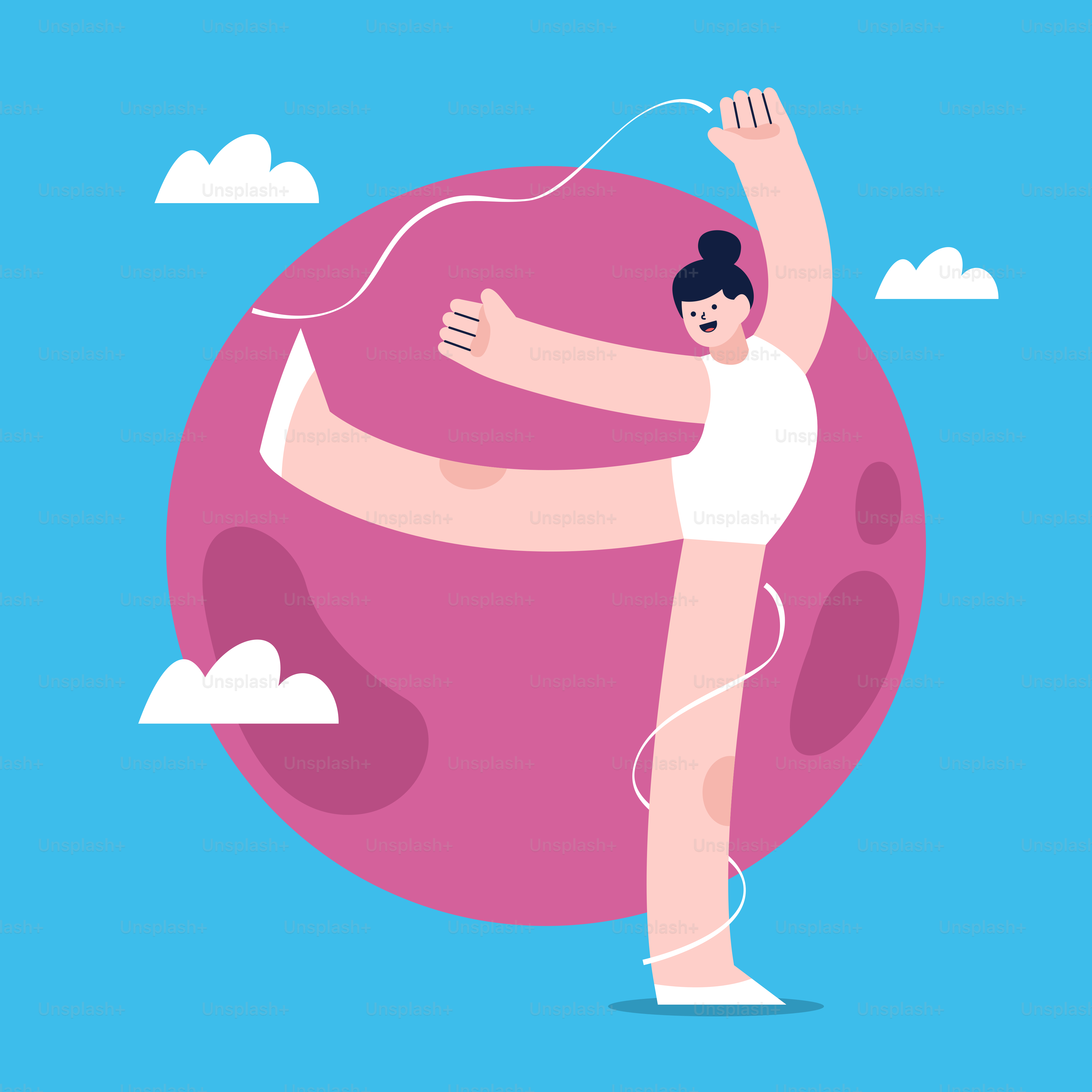 Une femme en body blanc danse avec des écouteurs