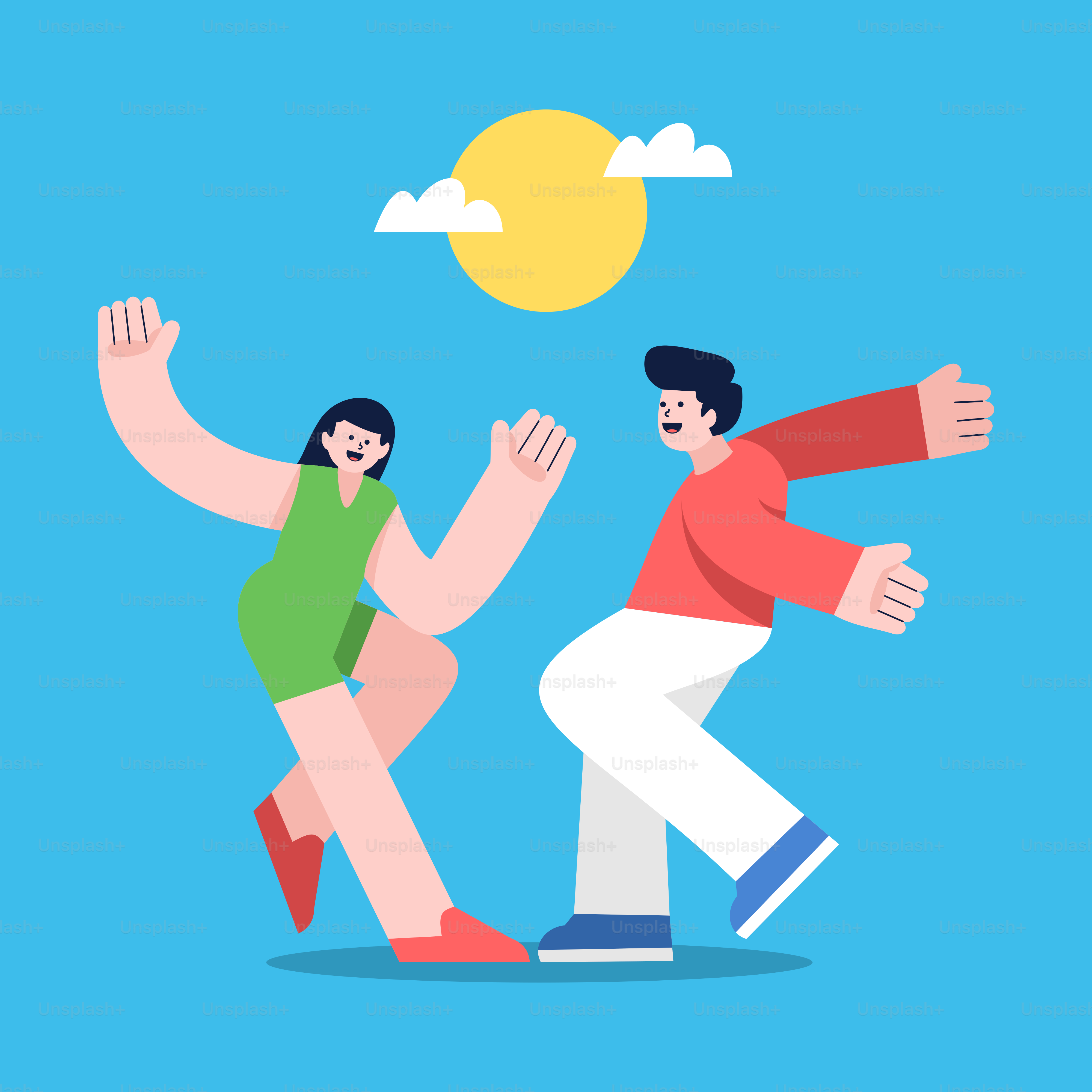 A man and a woman are running with the sun in the background