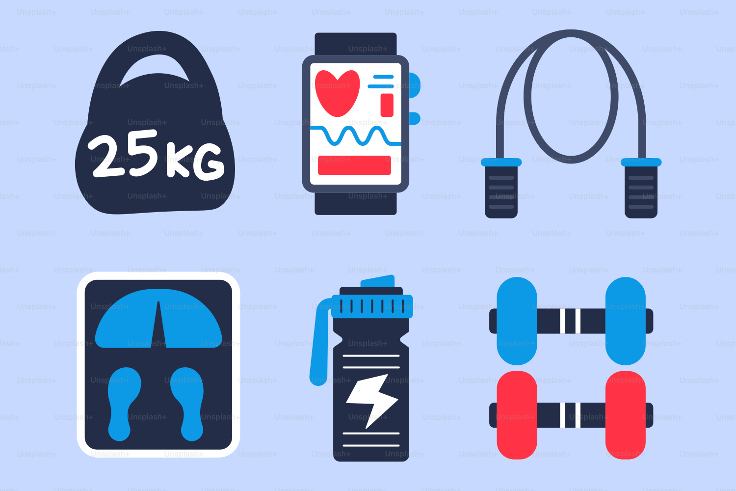 A blue background with a bunch of different items