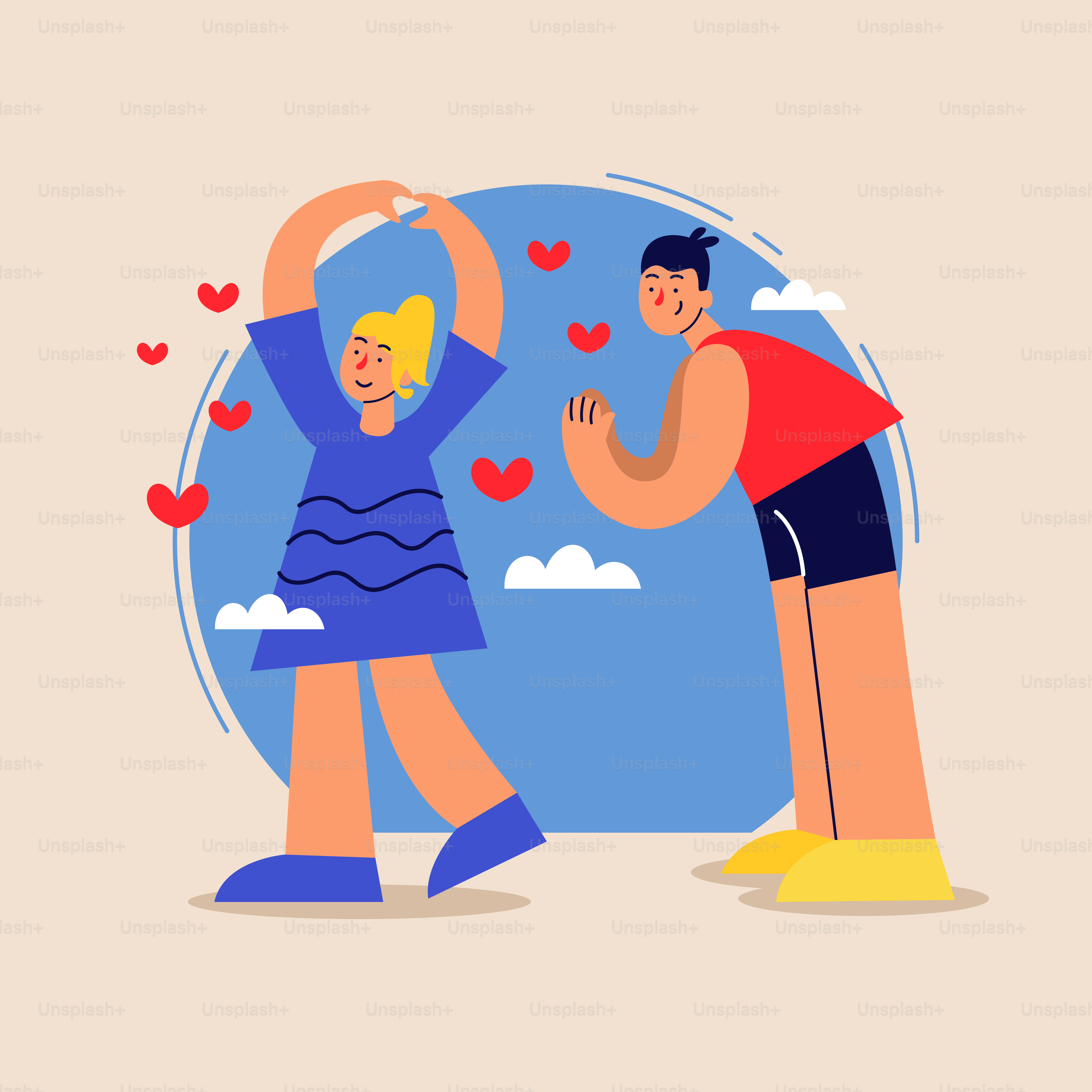 Un hombre y una mujer bailando juntos con corazones a su alrededor