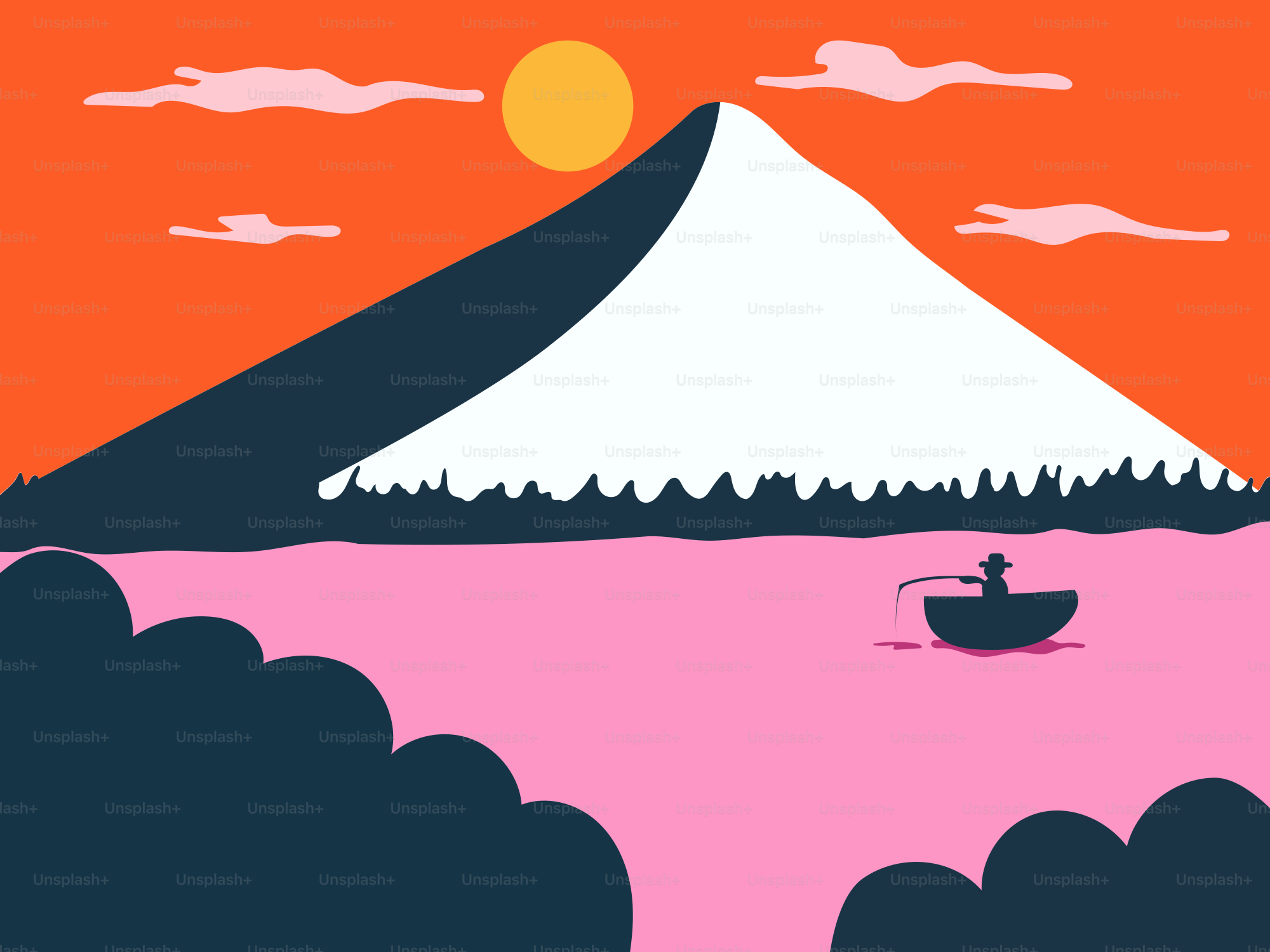 A painting of a man in a boat on a lake