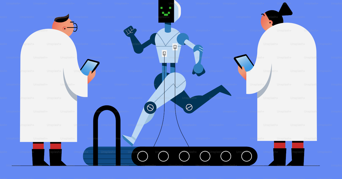 A group of people in lab coats standing around a robot vector ...