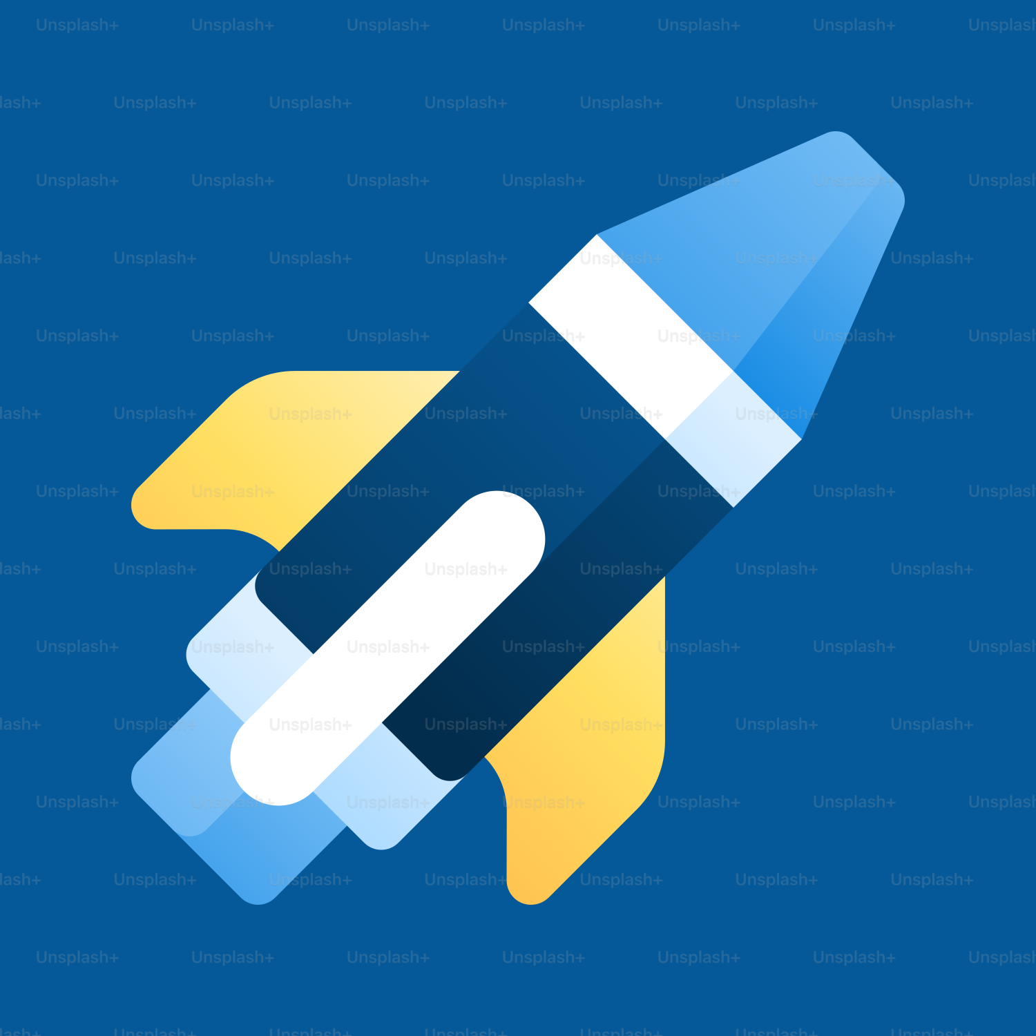 Un cohete azul y amarillo con una franja blanca