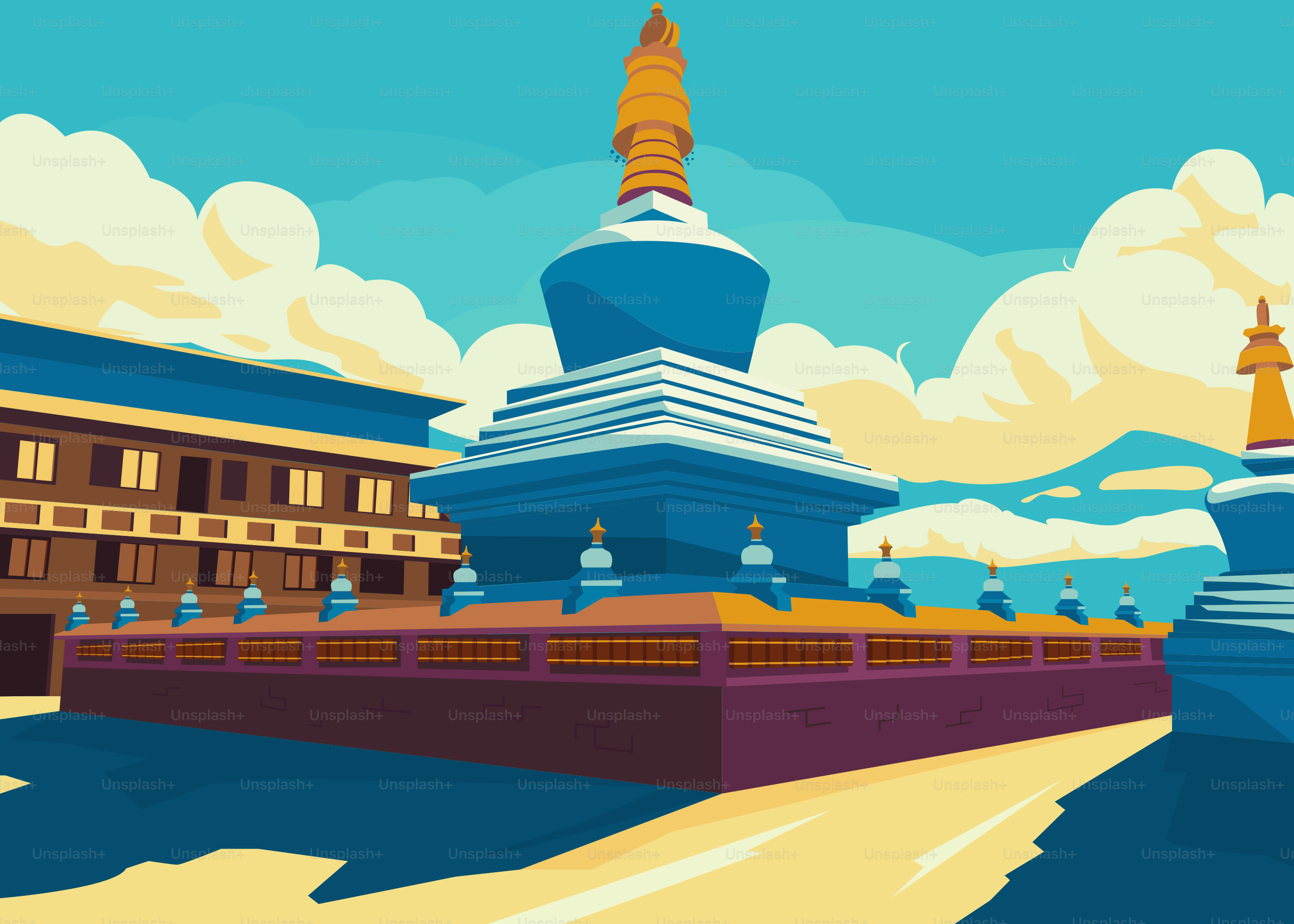 A painting of a large building with a sky background