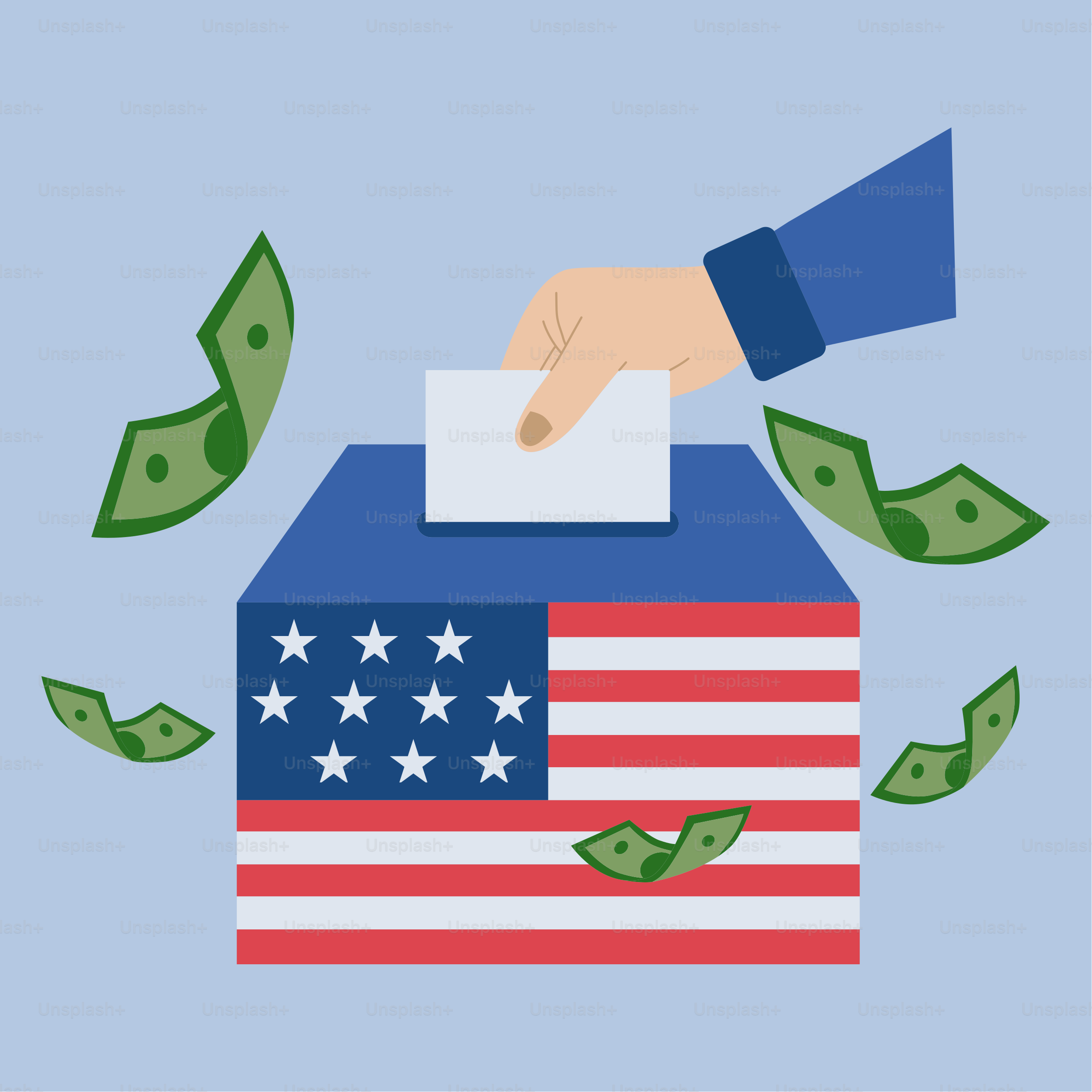 A hand putting money into a box with the american flag on it