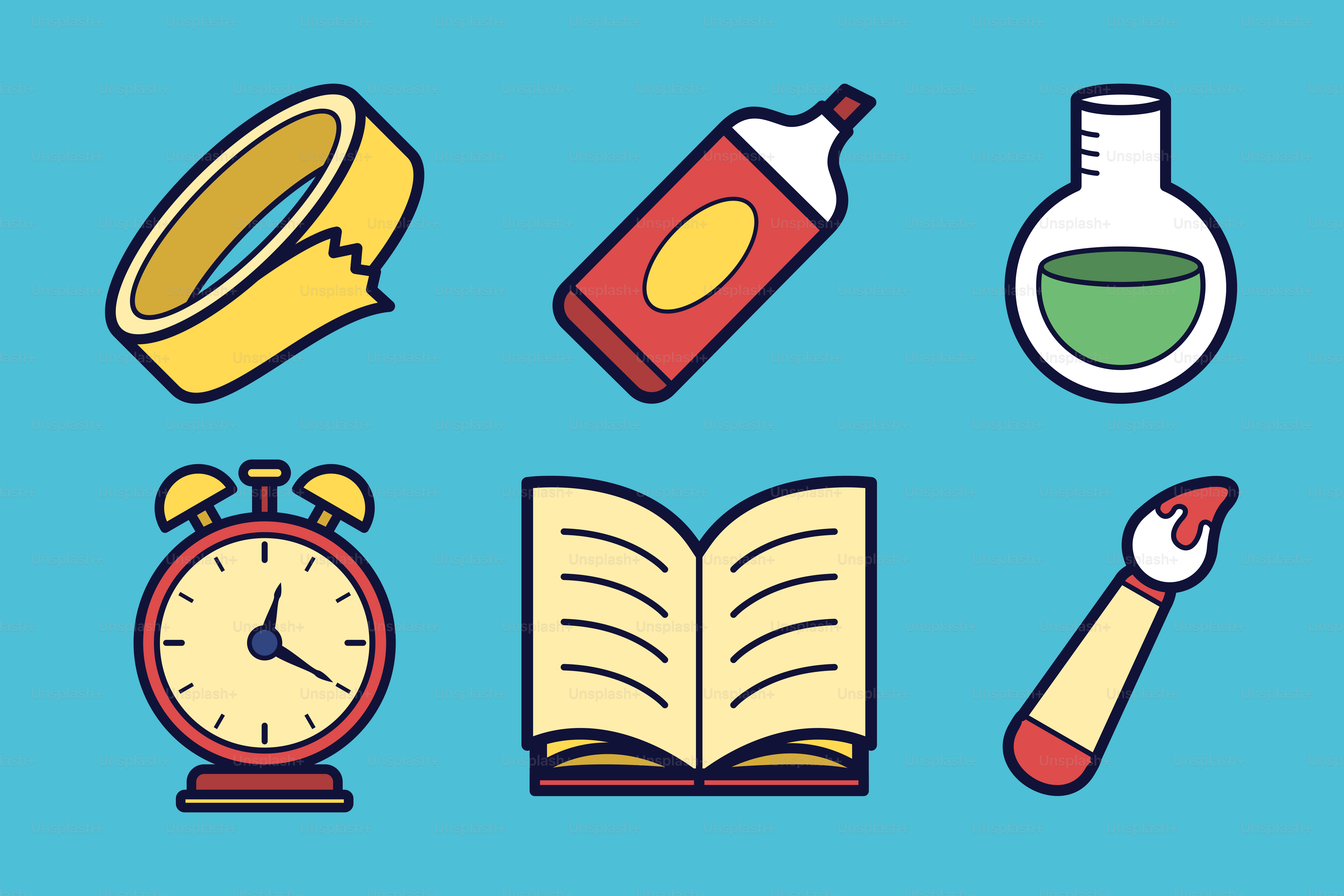 A blue background with a clock, a book, an alarm clock, and other