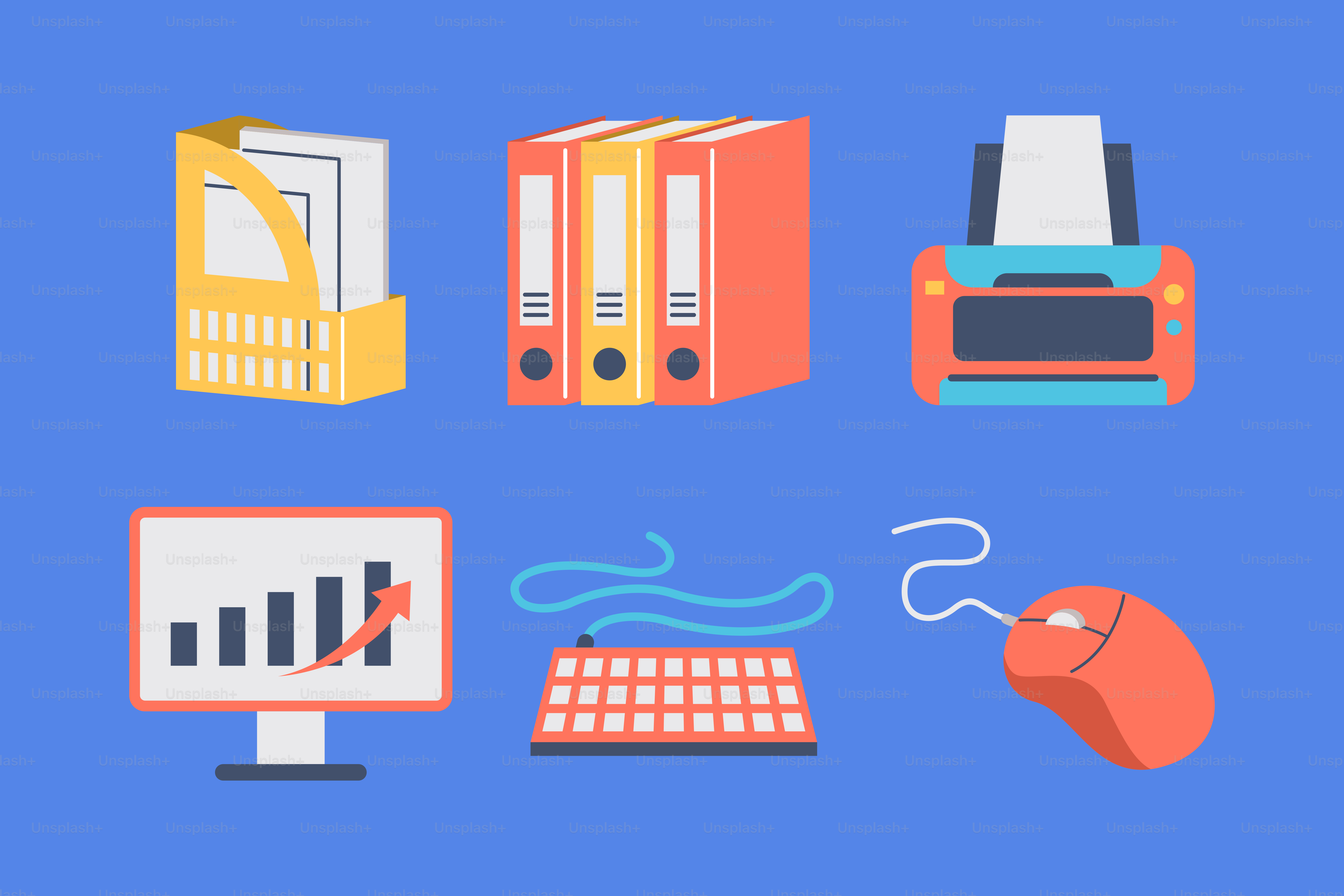 A blue background with a bunch of different items