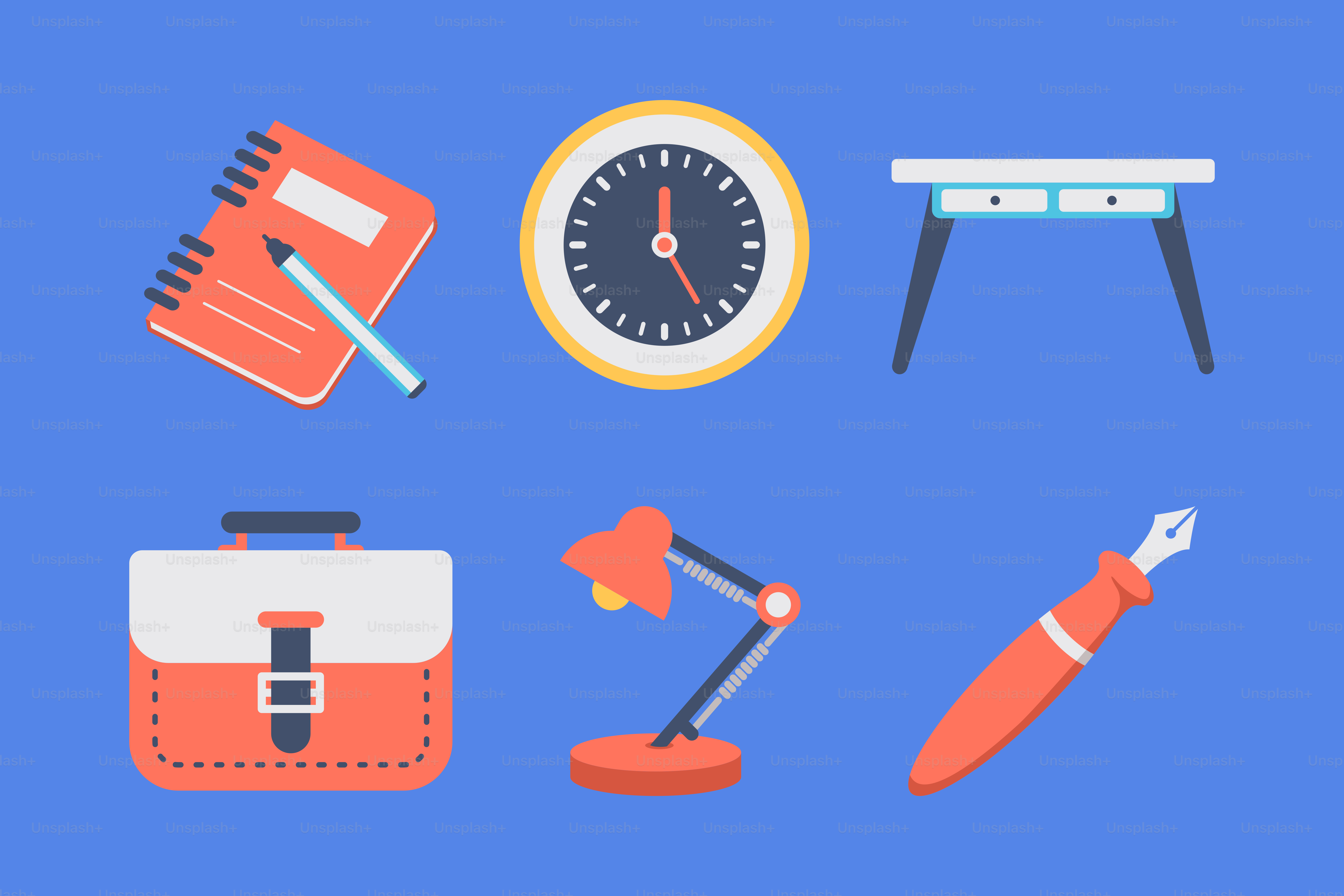 A blue background with a bunch of different items