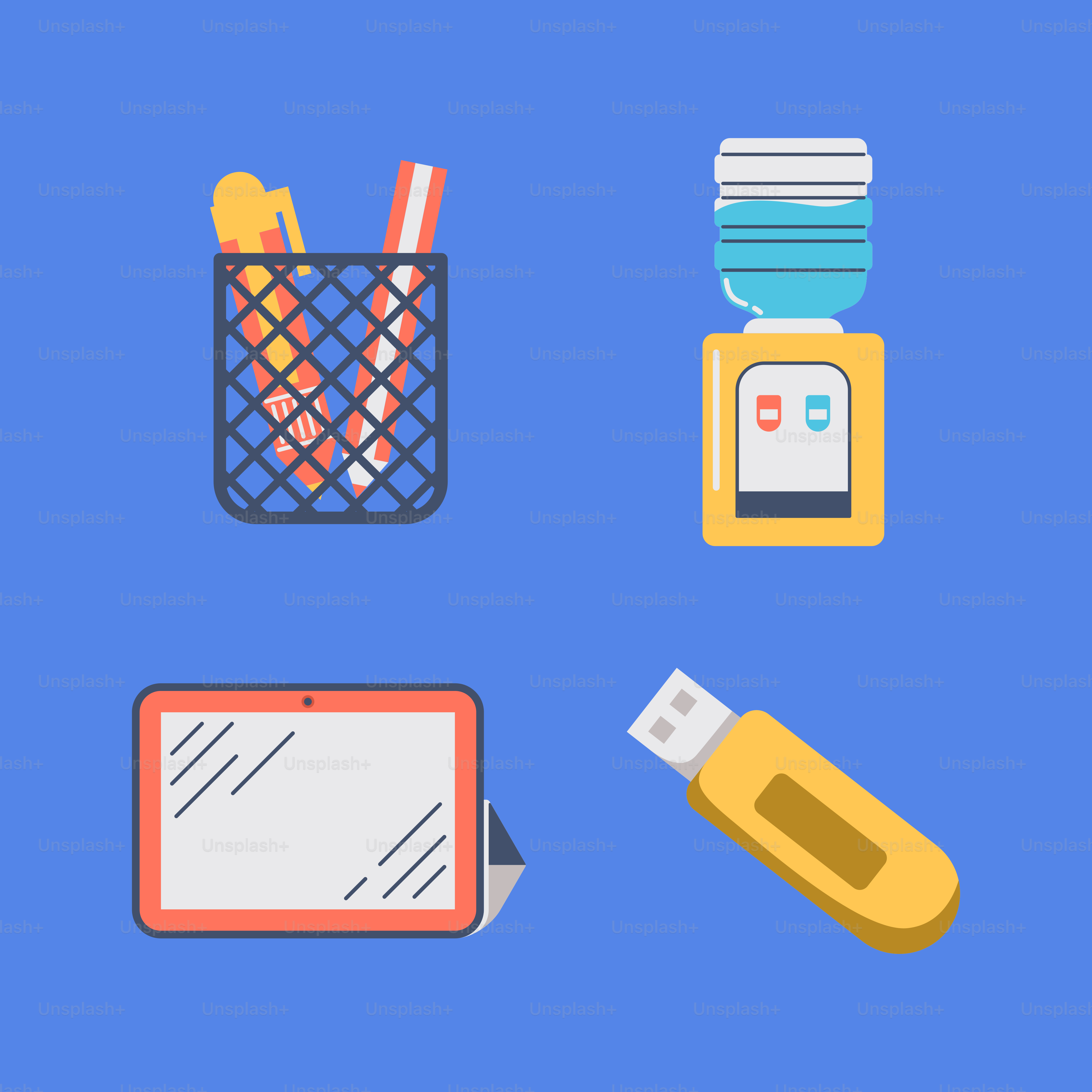 A bunch of different items that are on a blue background