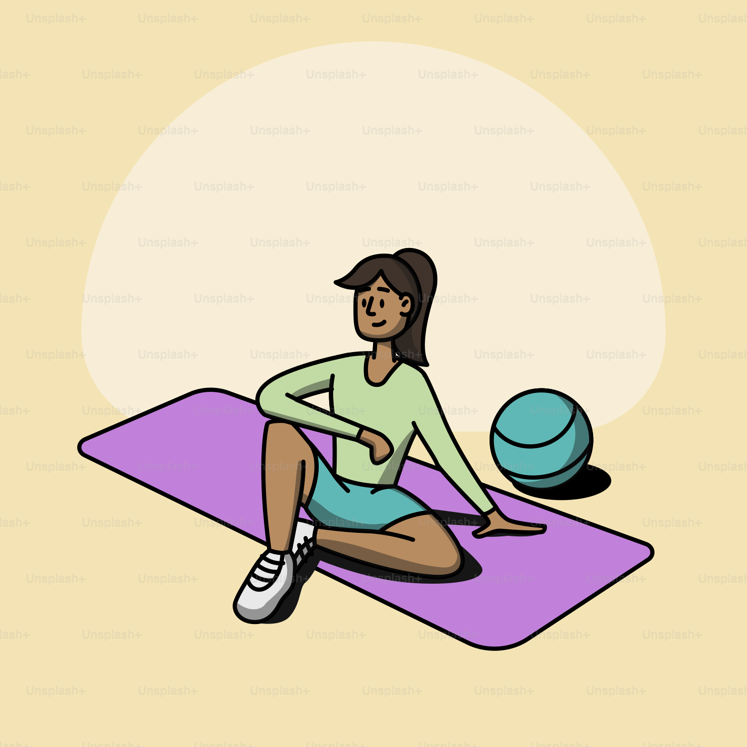 A woman sitting on a yoga mat with a ball