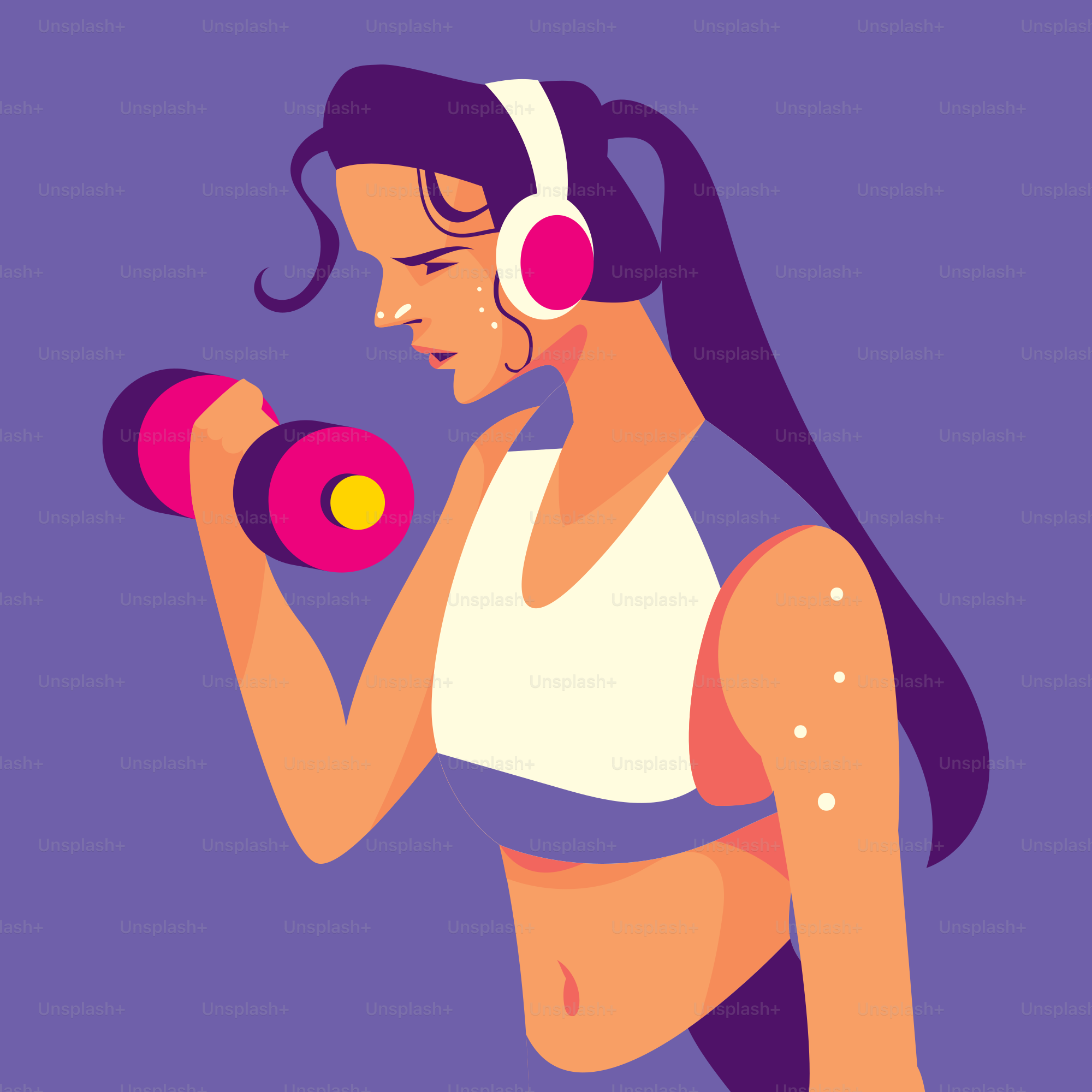 A woman with headphones is holding a dumb