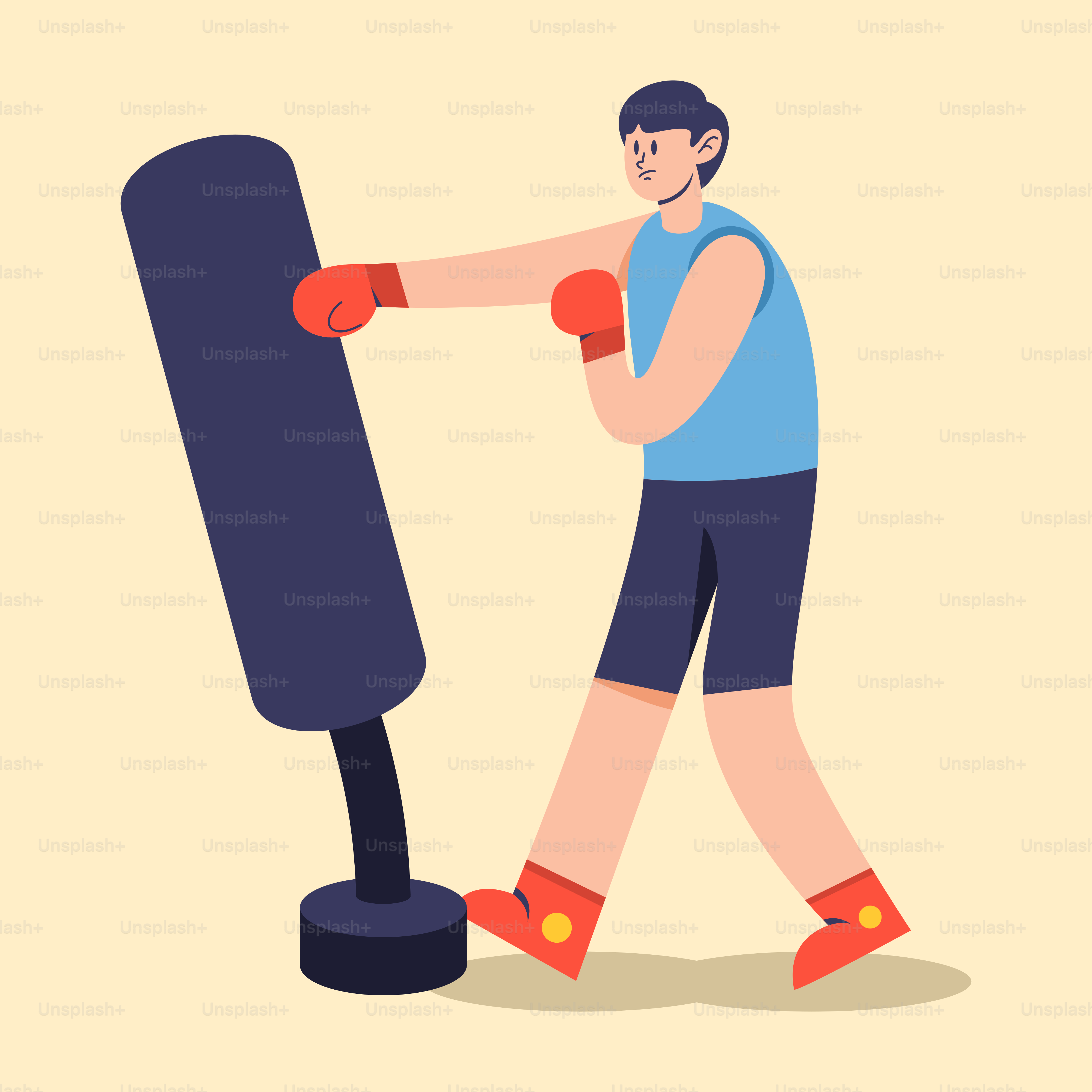 A man is boxing with a punching bag