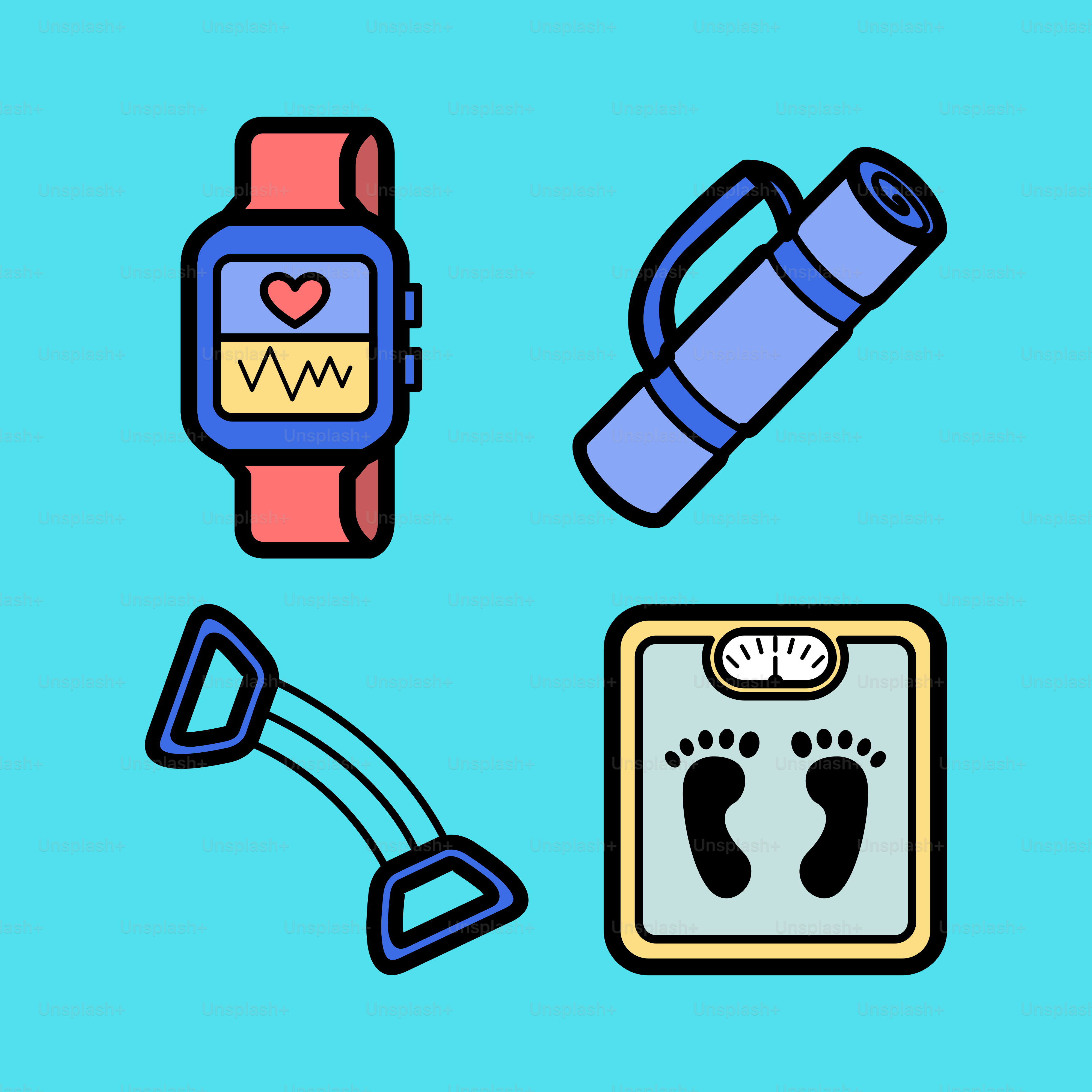 A blue background with various items on it