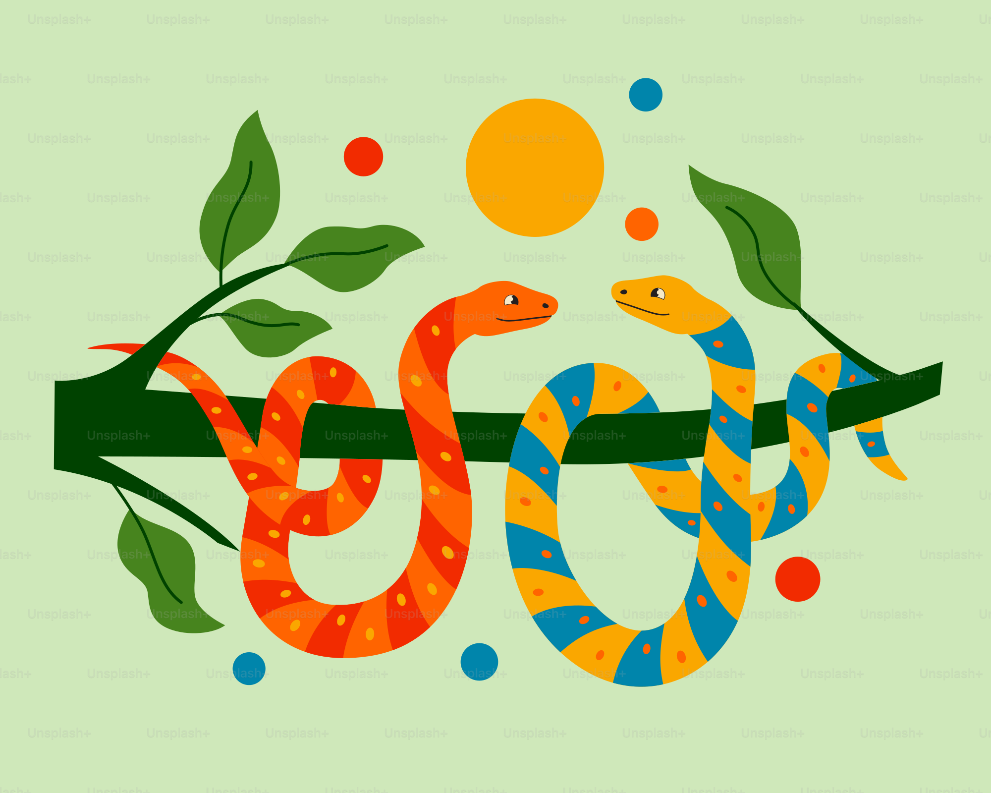 Un serpente e un serpente su un ramo con foglie