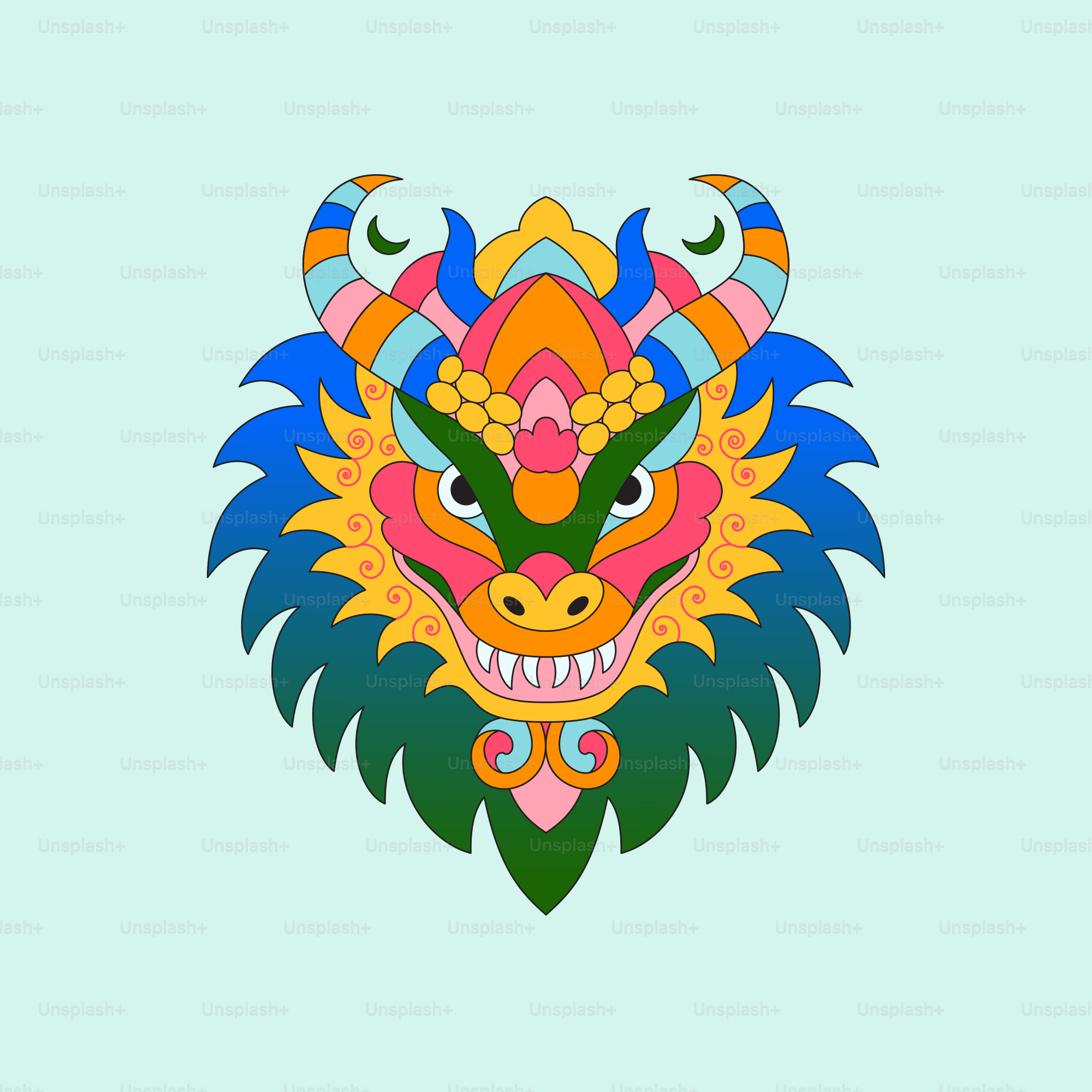 A colorful dragon head on a blue background