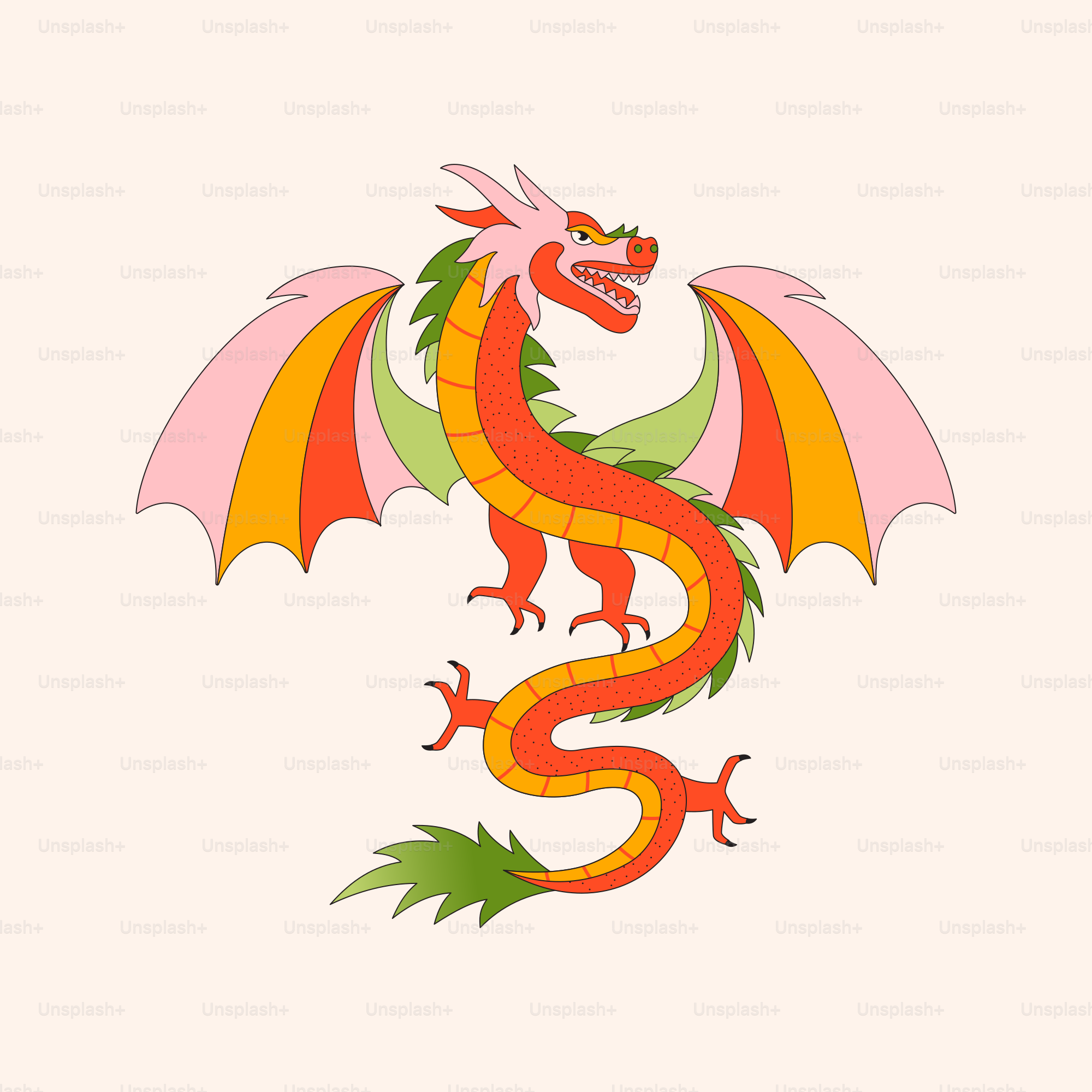 A red dragon with a green tail and orange wings