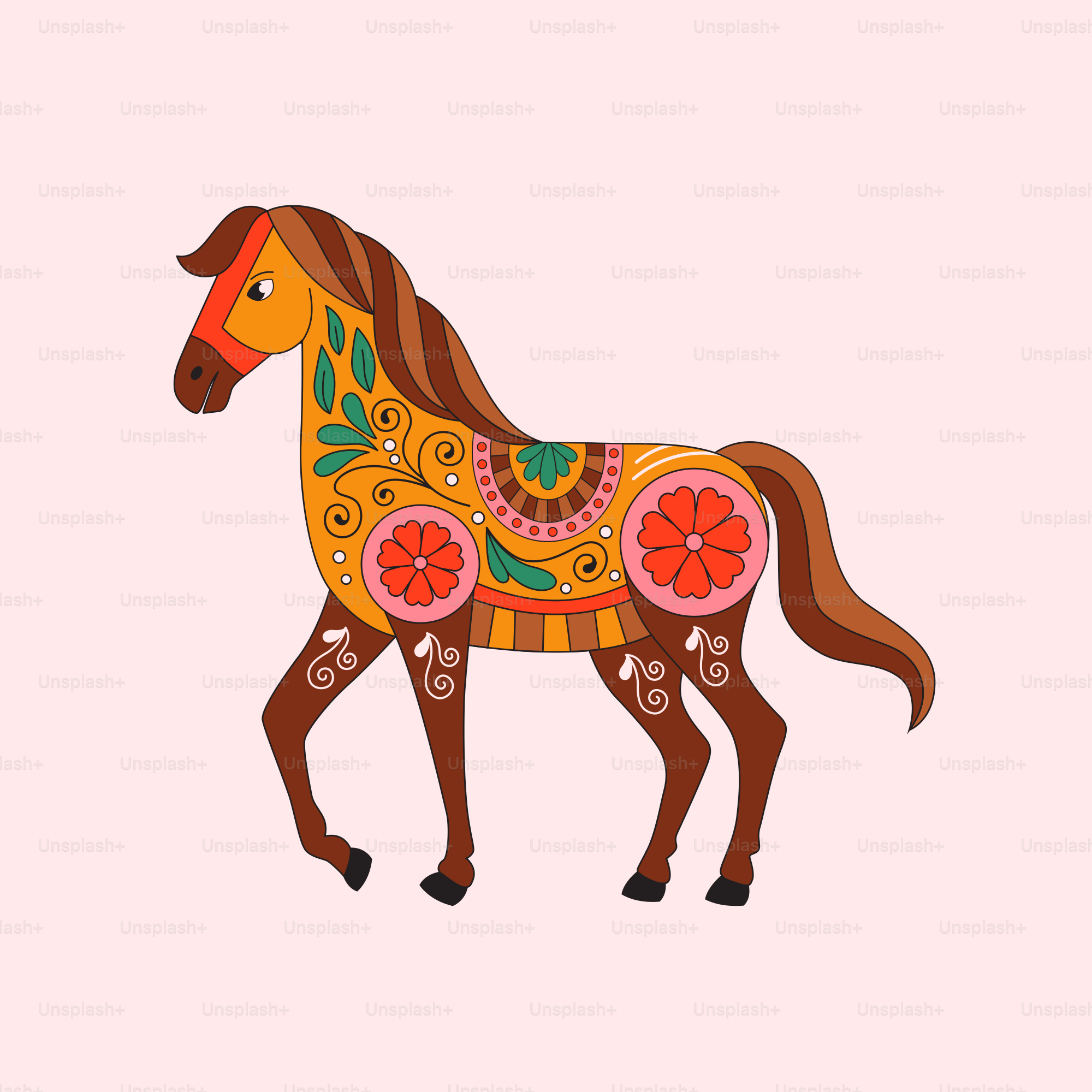 A brown horse with a floral design on it's back