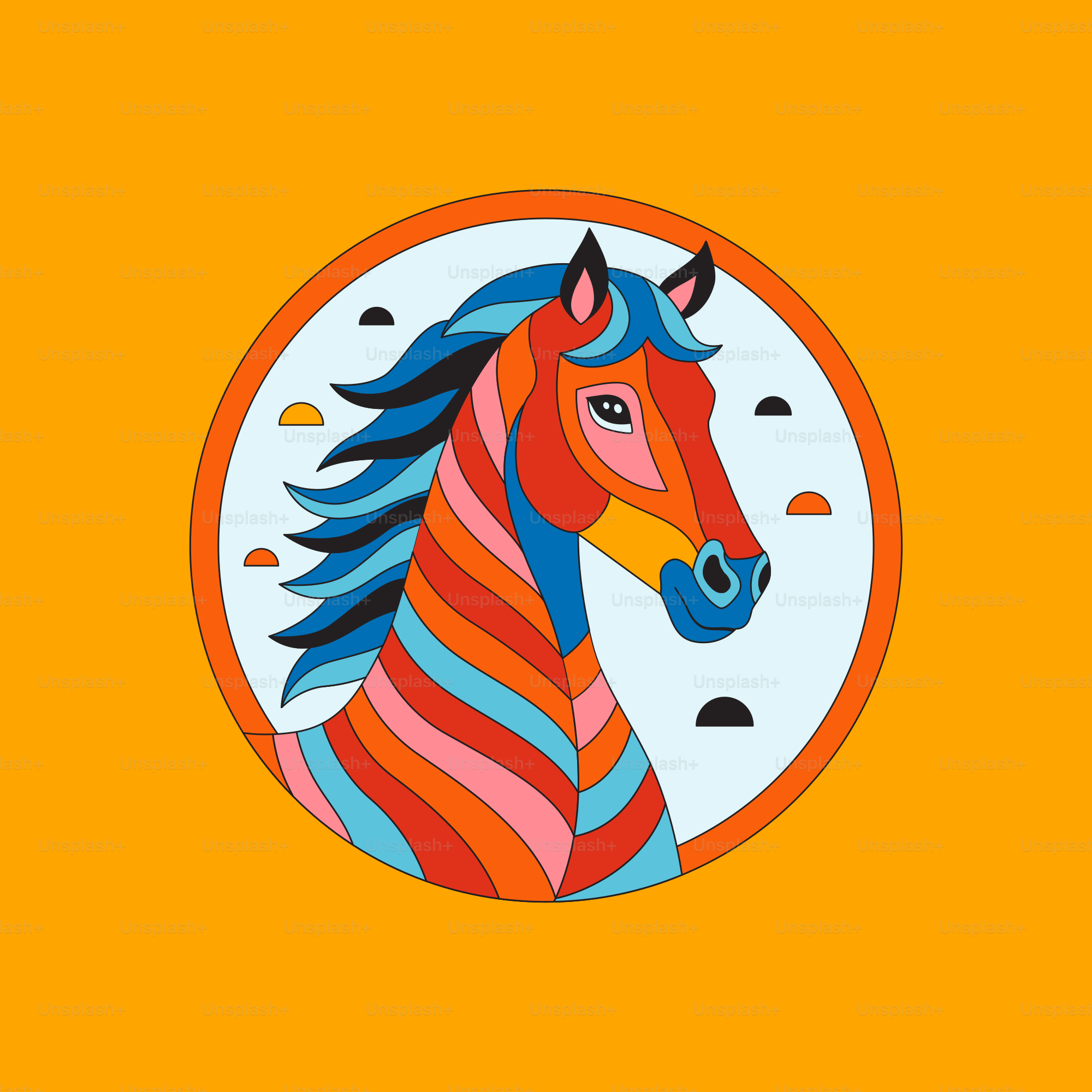 A picture of a horse in a circle on a yellow background