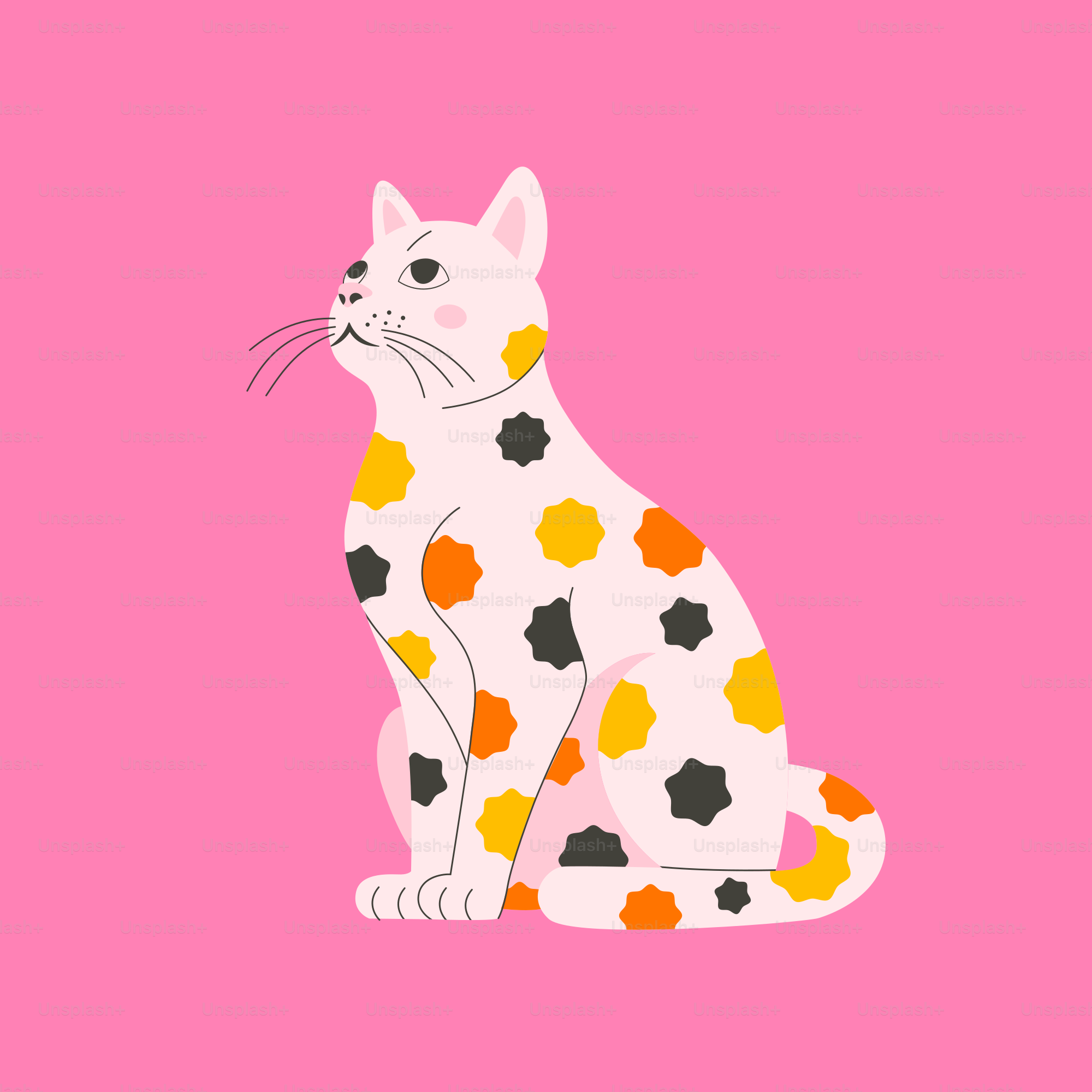 A white cat sitting on top of a pink background