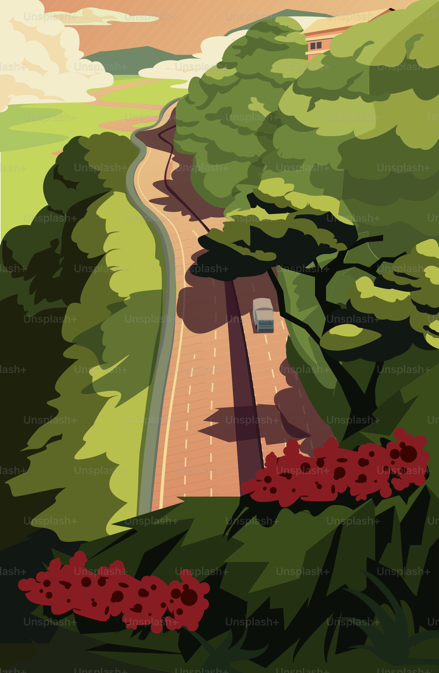 A painting of a road going through a forest