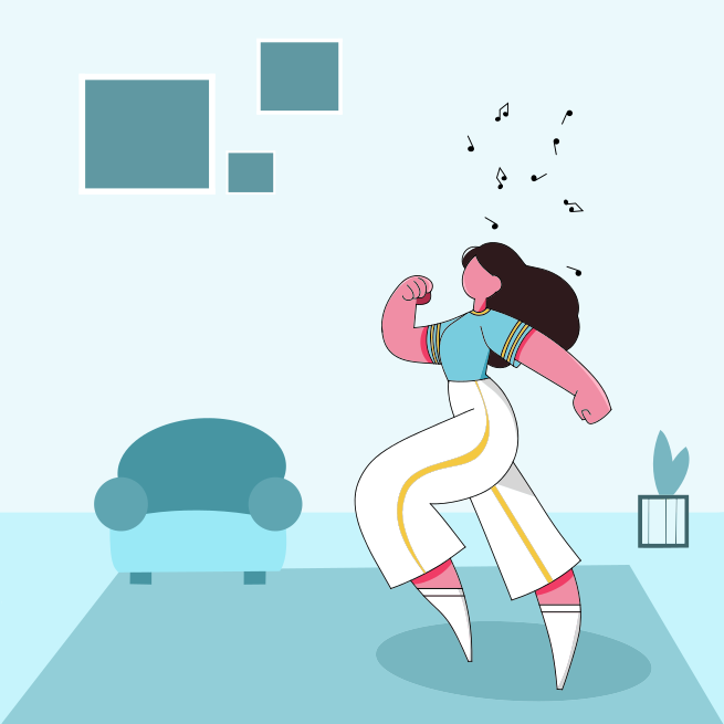 女性がソファのある部屋で踊っている
