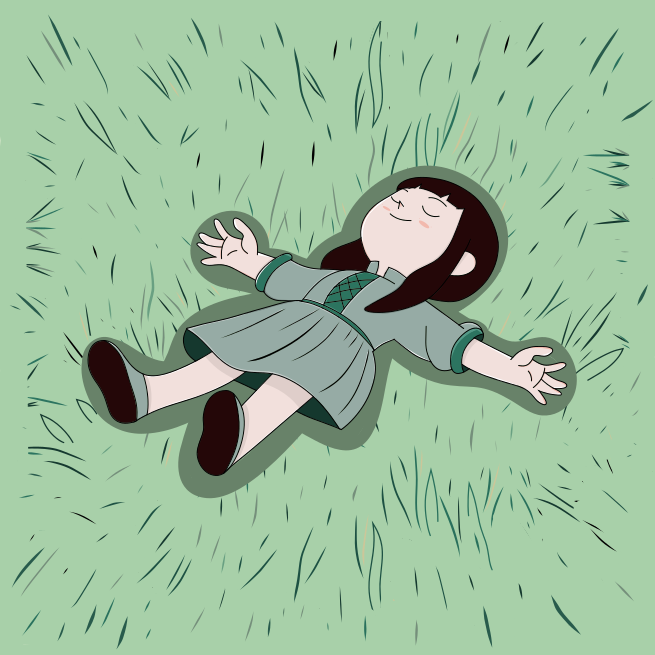 A girl laying in the grass with her arms outstretched