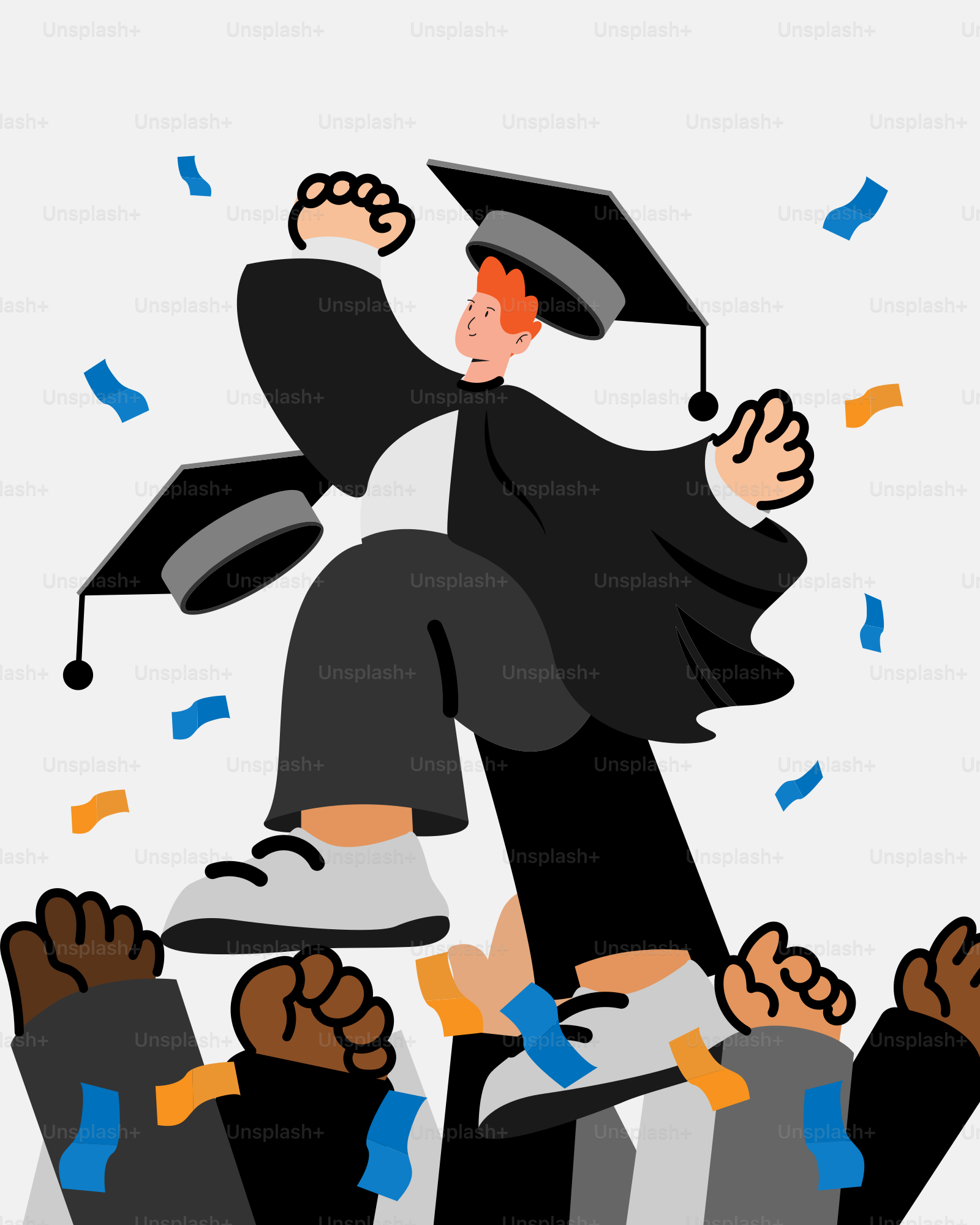 A man in a graduation cap and gown is surrounded by graduates