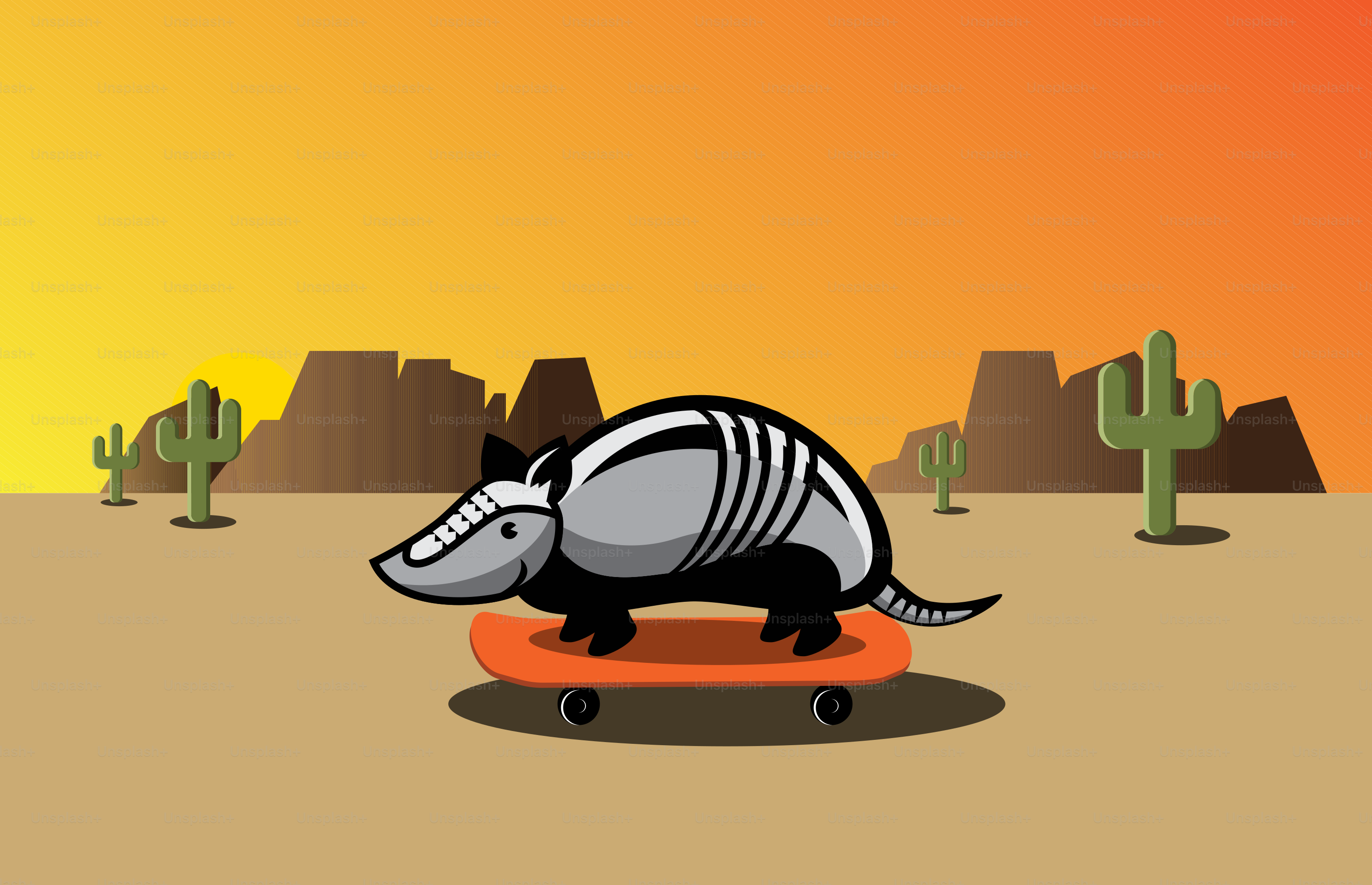 Un armadile de dibujos animados montando una patineta en el desierto