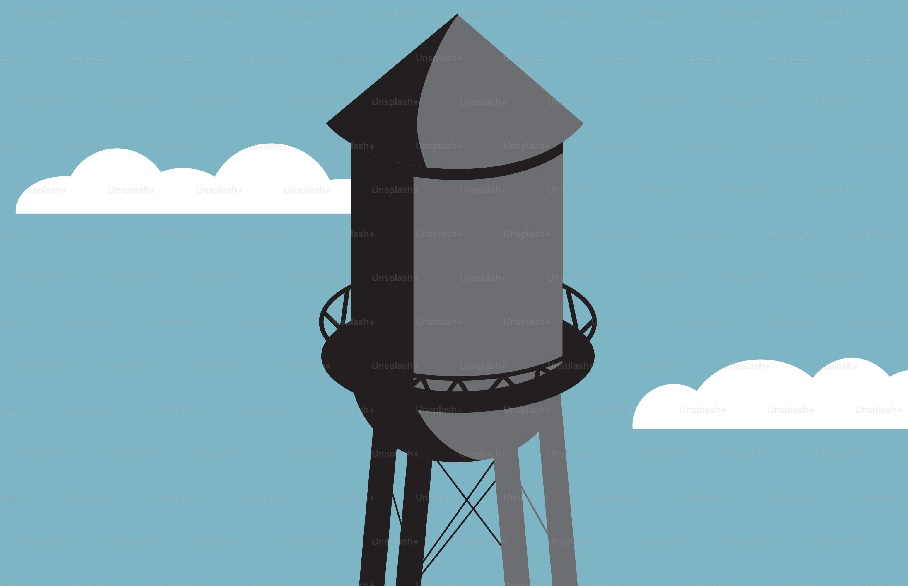 A cartoon of a water tower with a sky background