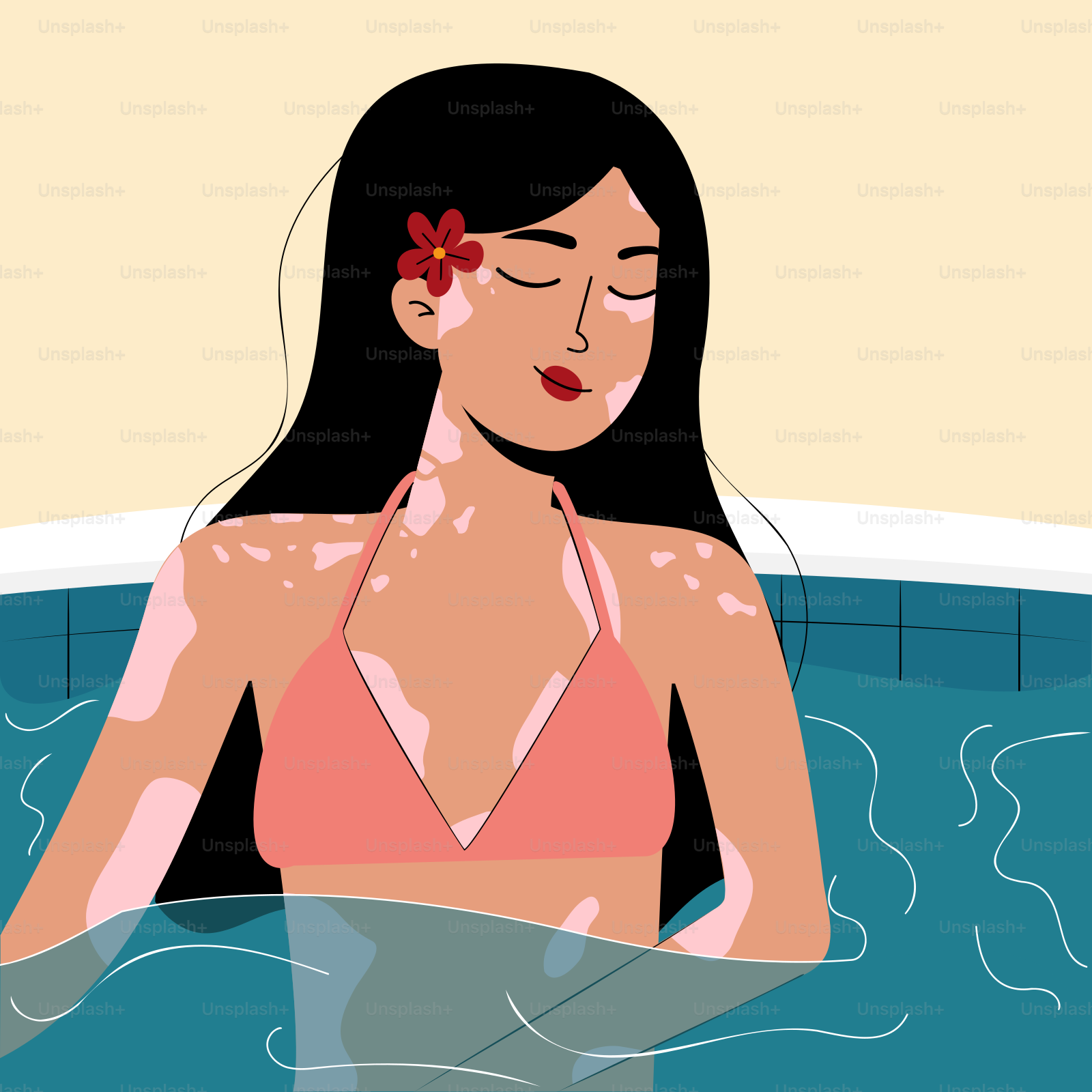 A woman sitting in a pool with a flower in her hair