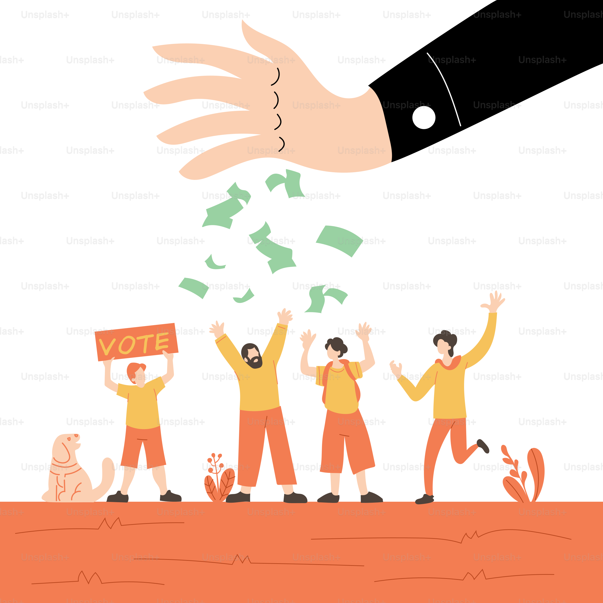 A hand is throwing money into a group of people