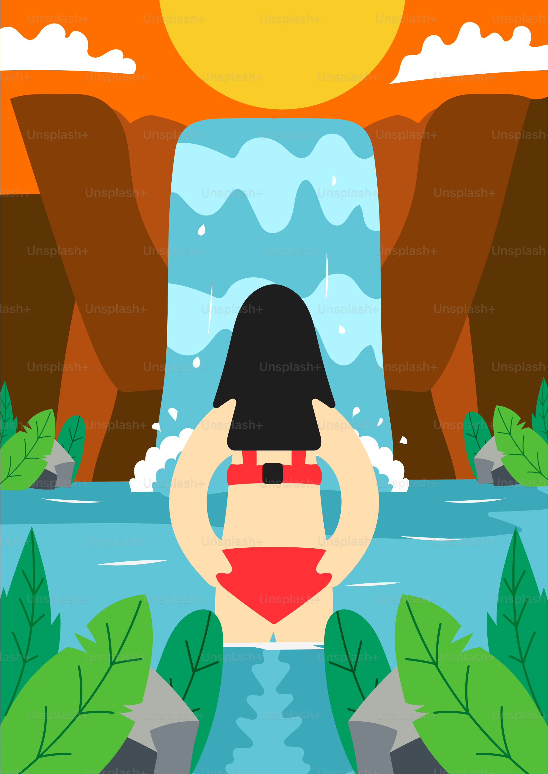 A woman standing in front of a waterfall