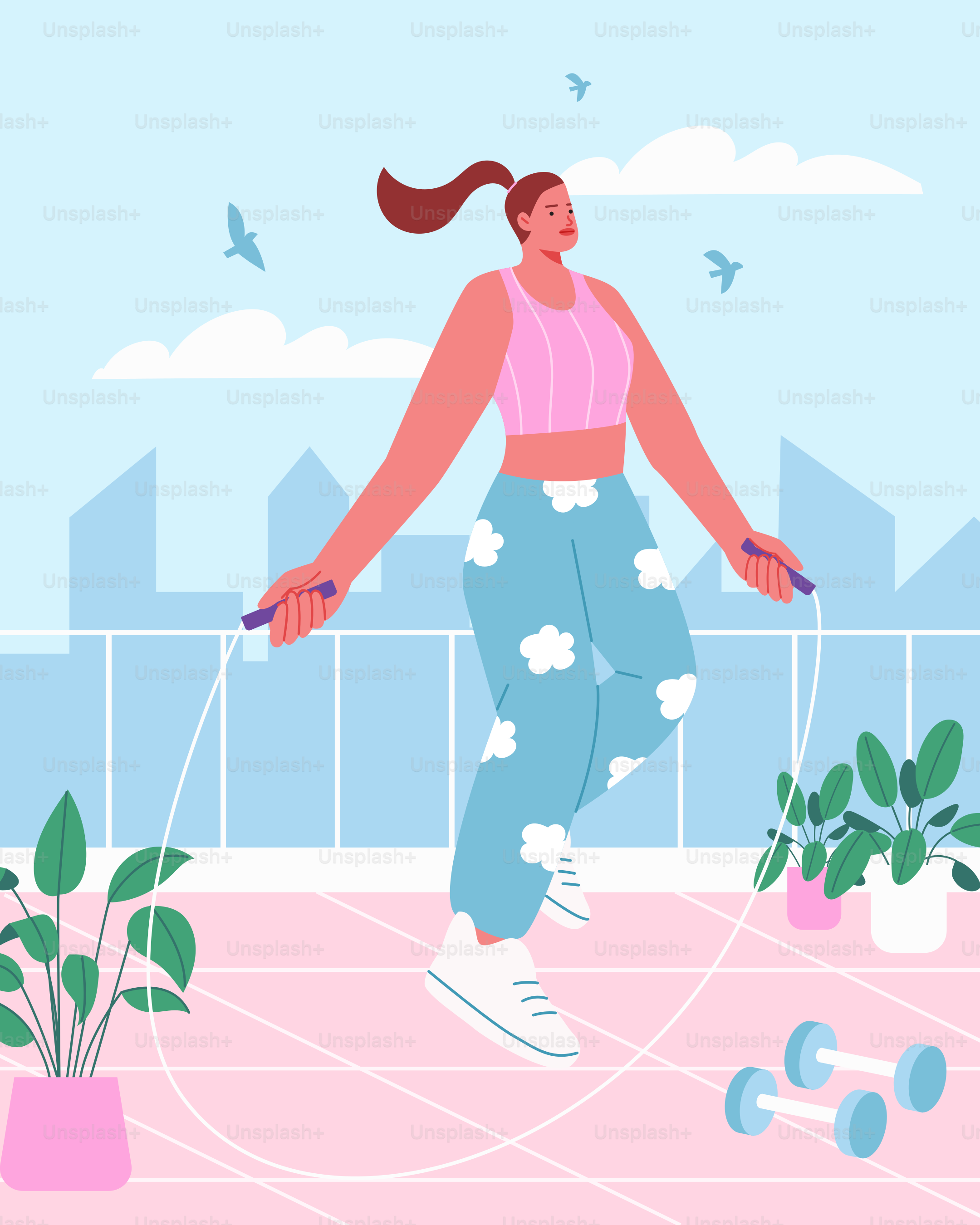 Eine Frau in einem rosa Oberteil und einer blauen Hose, die auf einem Trampolin springt