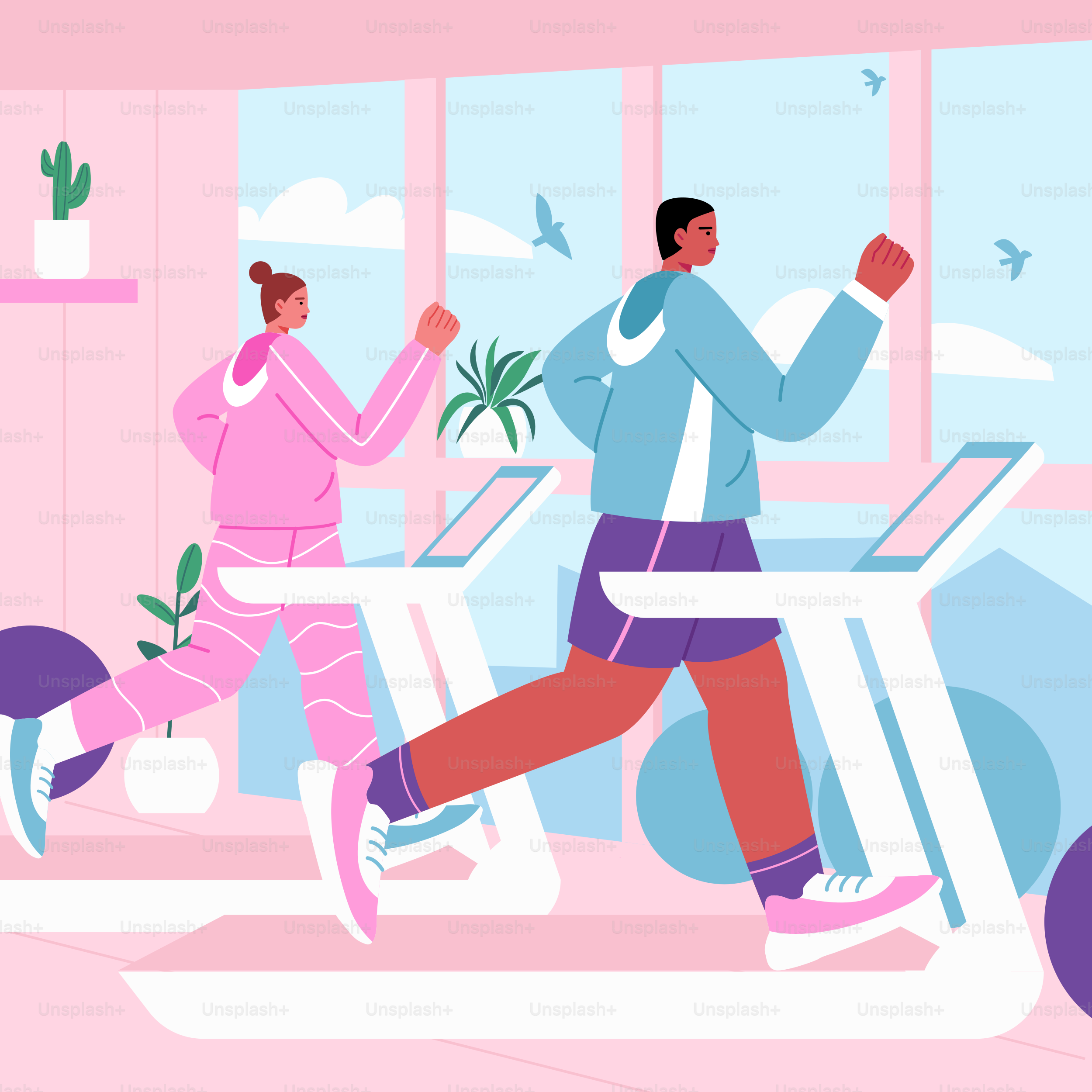 A man and a woman running on a treadmill