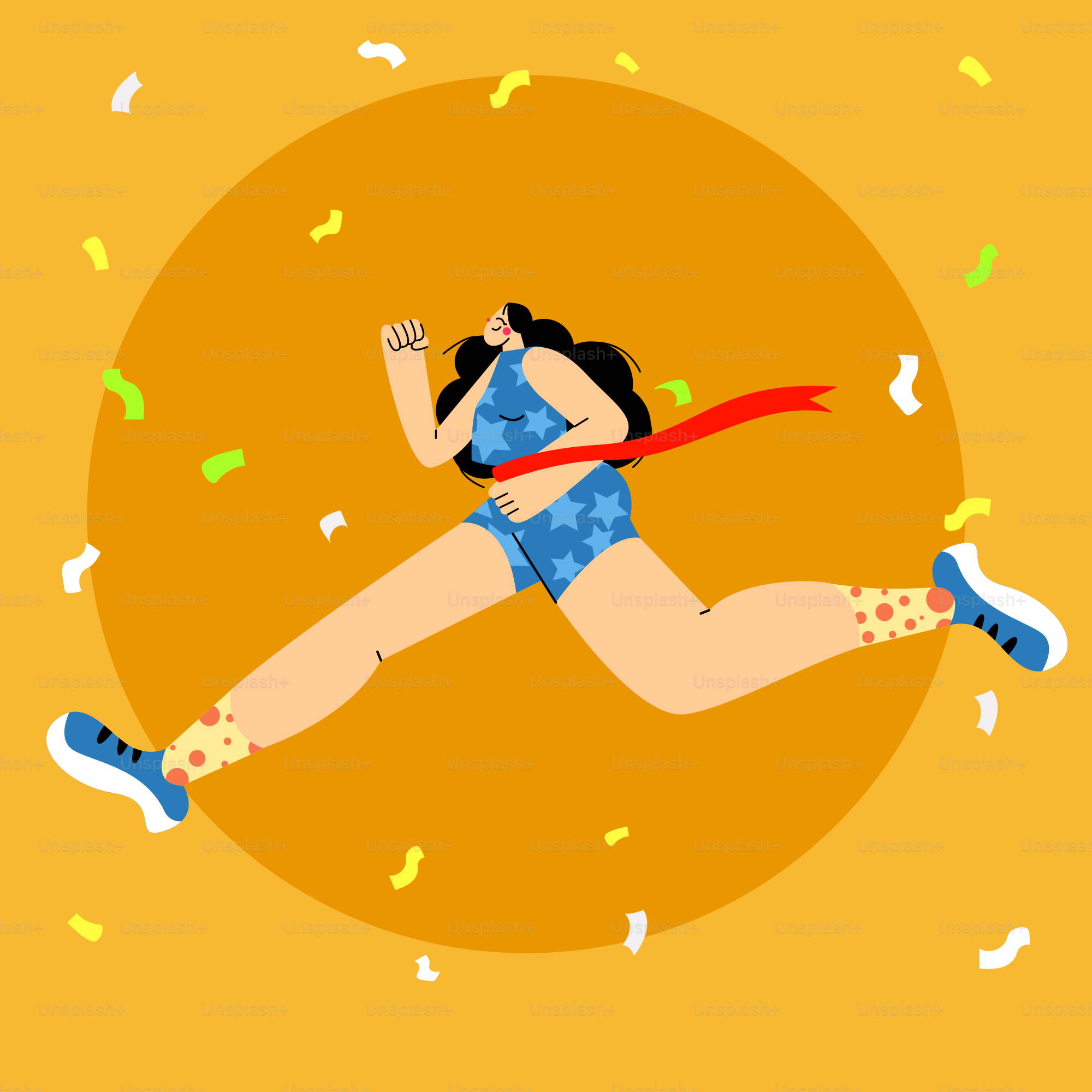 A woman is running with confetti around her