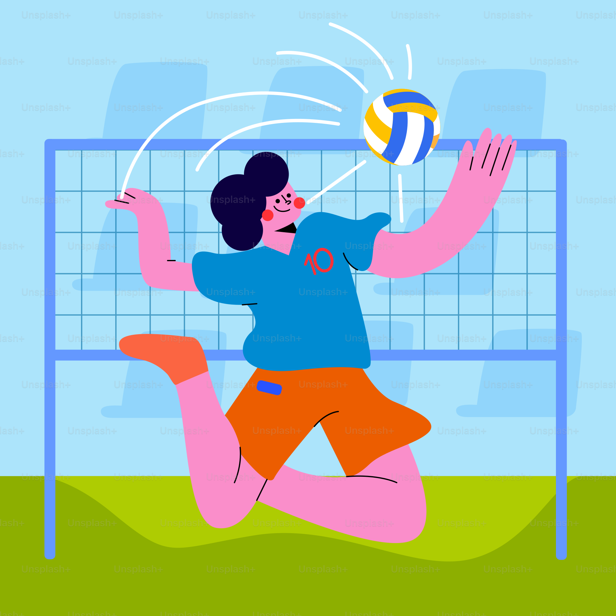 A man is playing volleyball on the grass